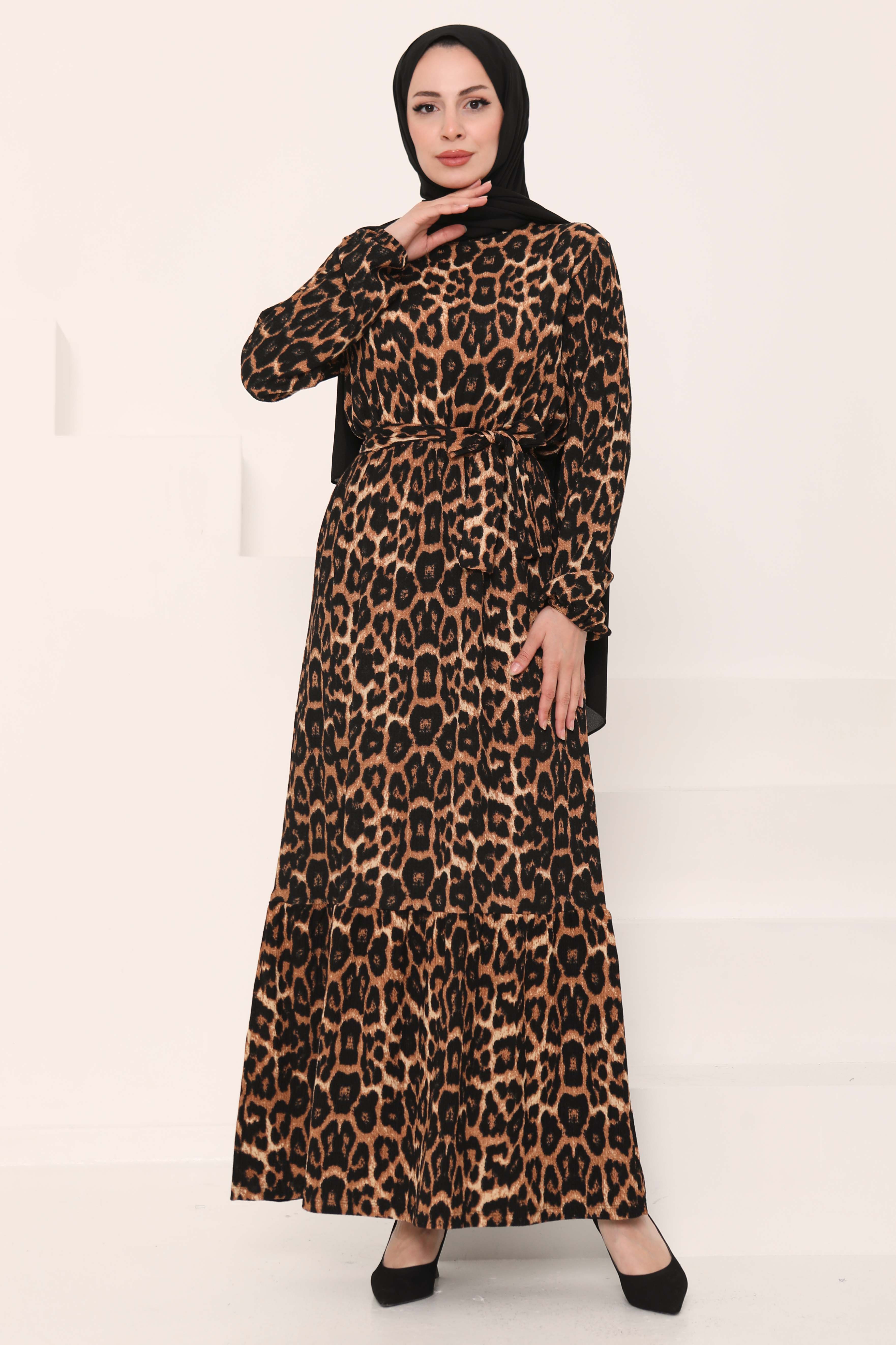 Leopar Desenli Elbise Taba - 27005 - 2