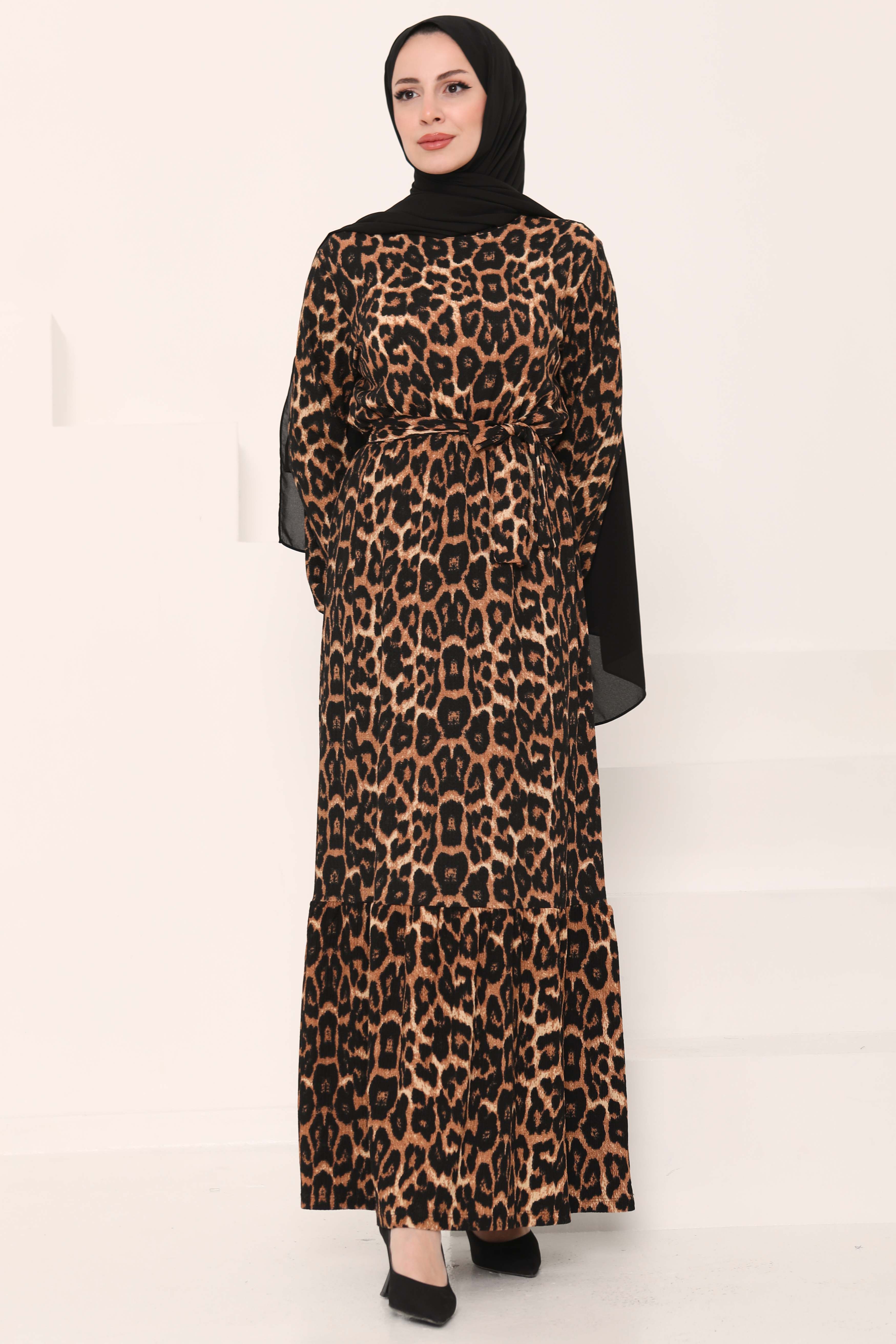 Leopar Desenli Elbise Taba - 27005 - 3