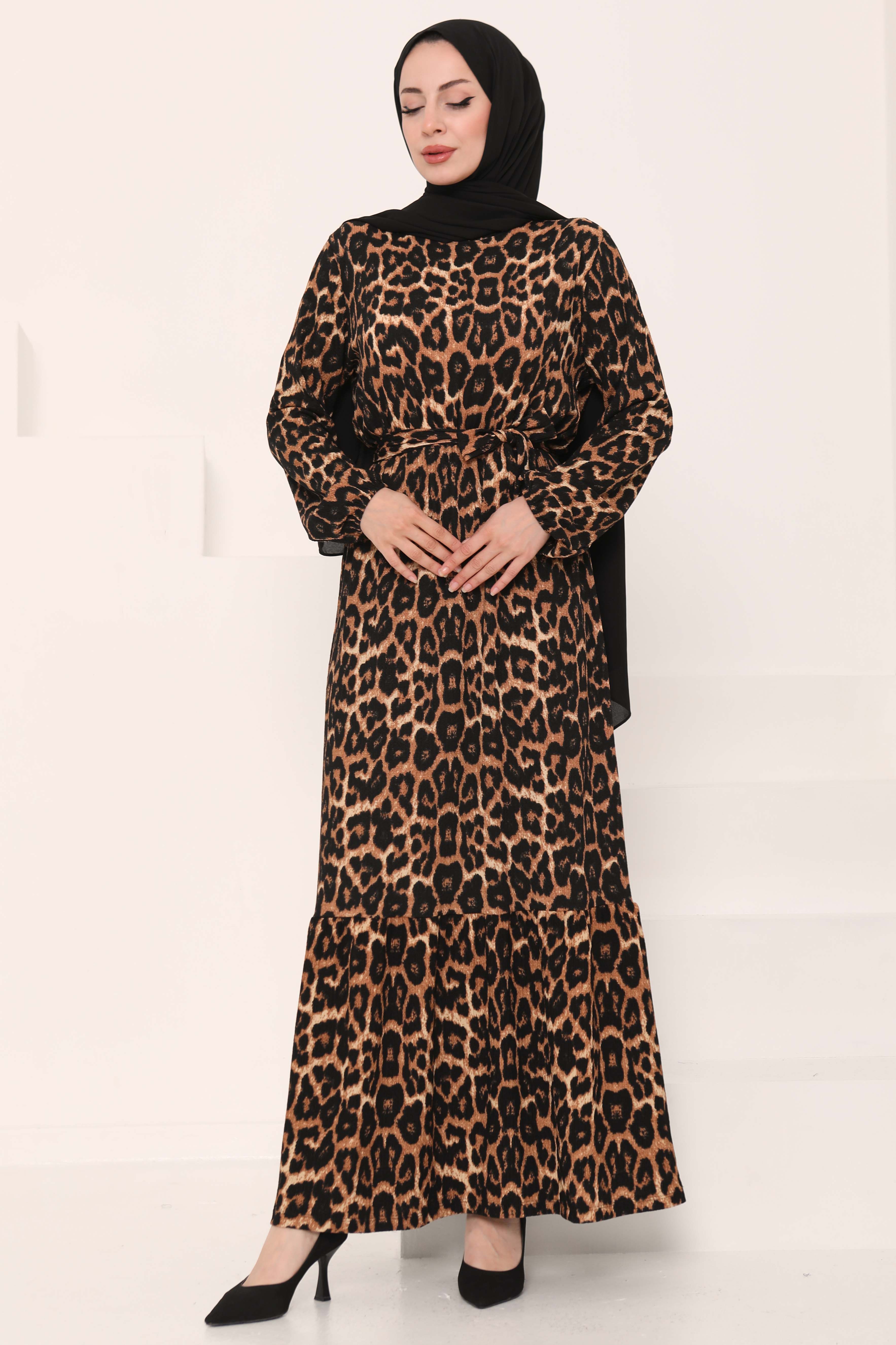 Leopar Desenli Elbise Taba - 27005 - 4