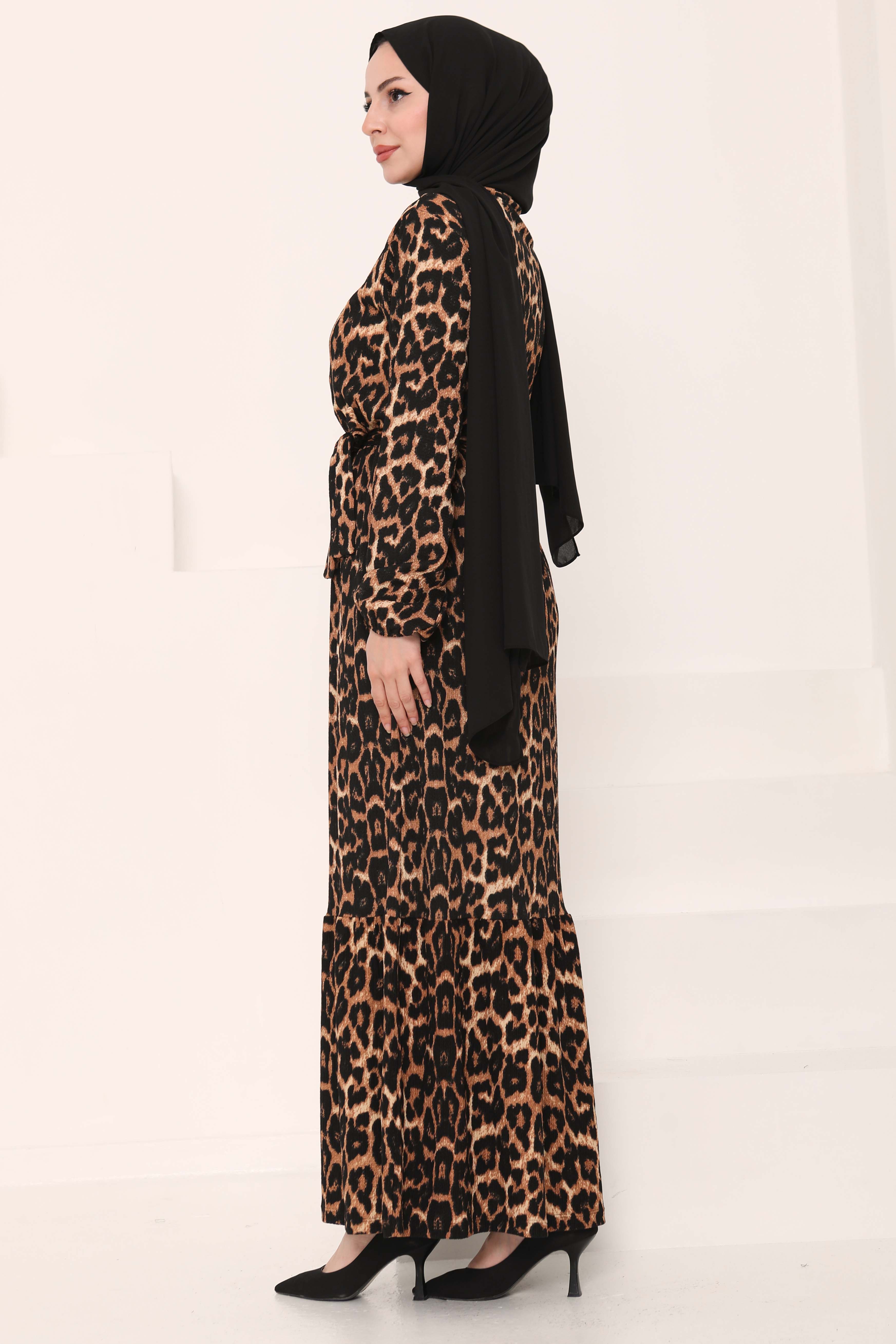 Leopar Desenli Elbise Taba - 27005 - 5