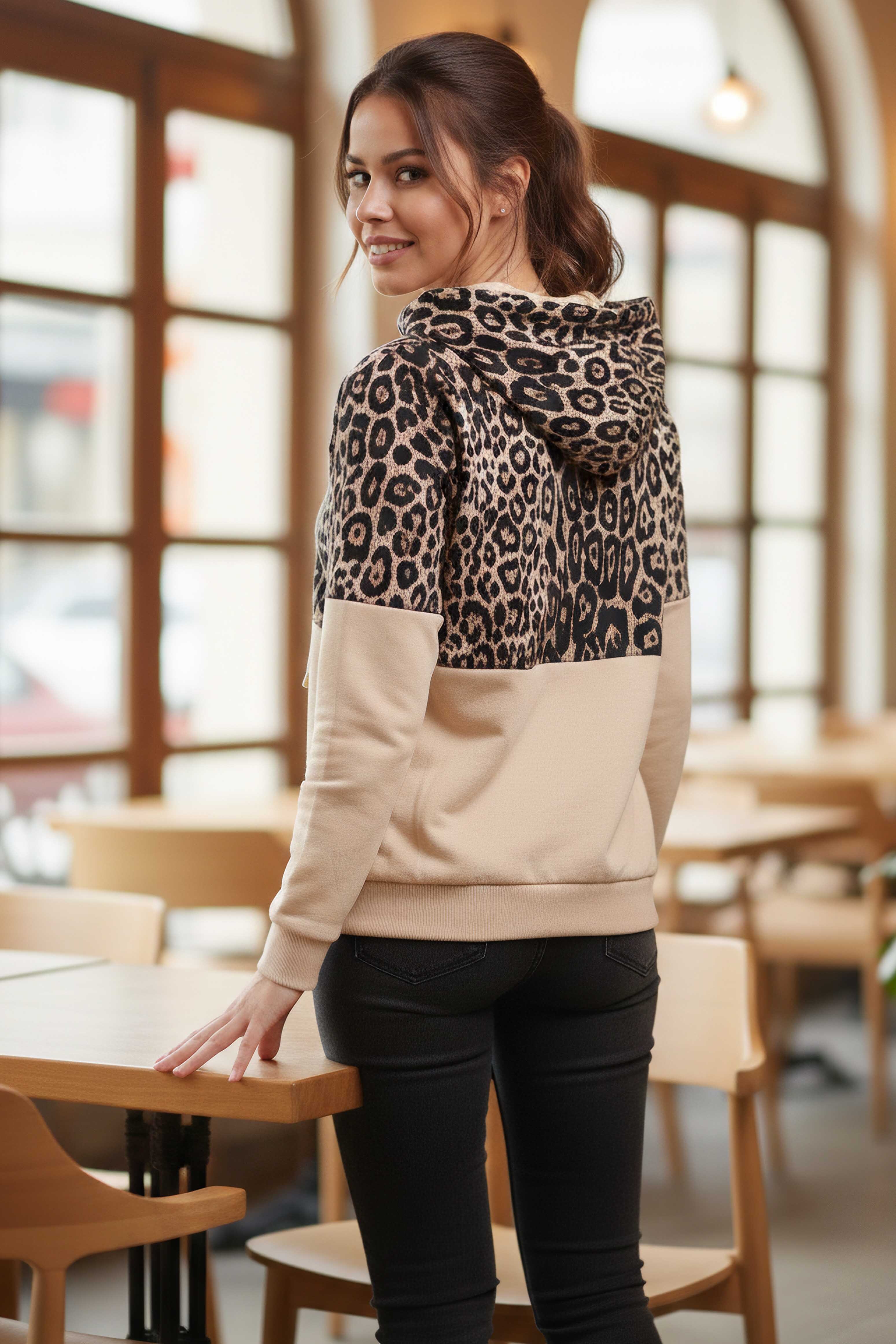 Leopar Desenli Kapüşonlu Sweat - 28276-BEJ - 3