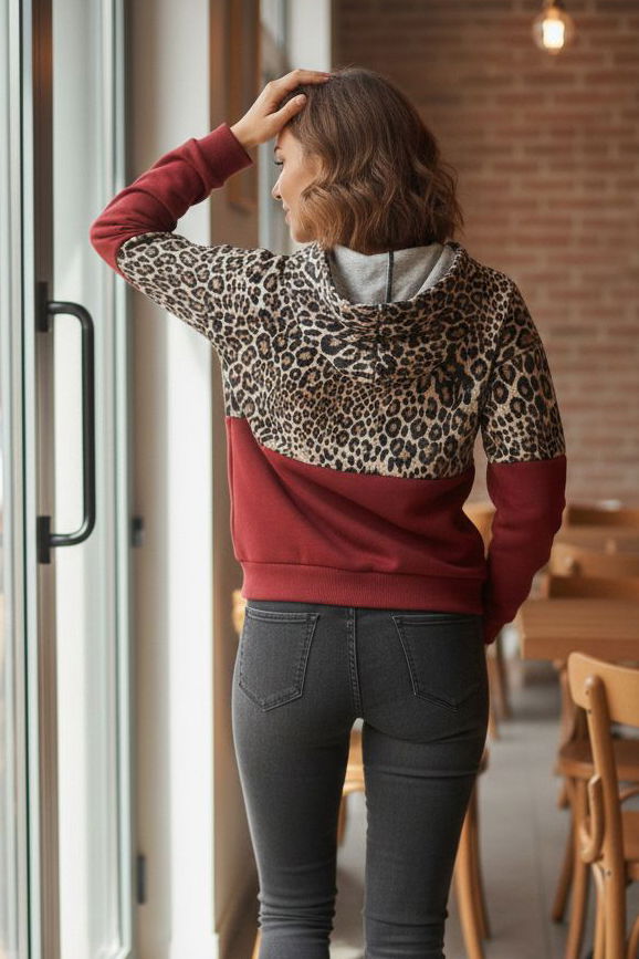 Leopar Desenli Kapüşonlu Sweat - 28276-BORDO - 3