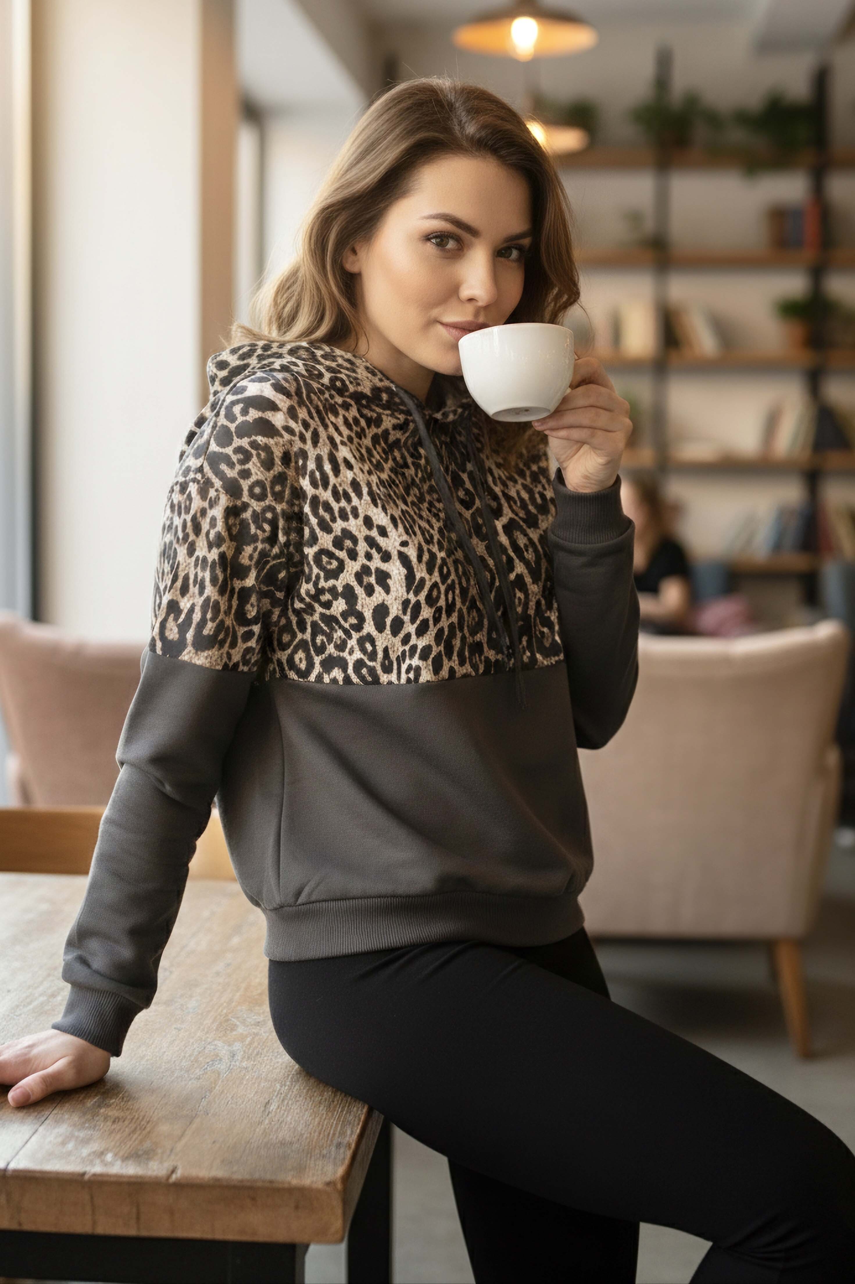 Leopar Desenli Kapüşonlu Sweat - 28276-FUME - 1