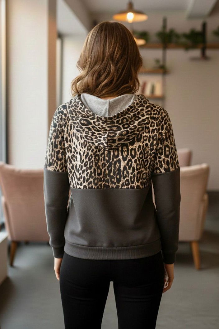 Leopar Desenli Kapüşonlu Sweat - 28276-FUME - 3