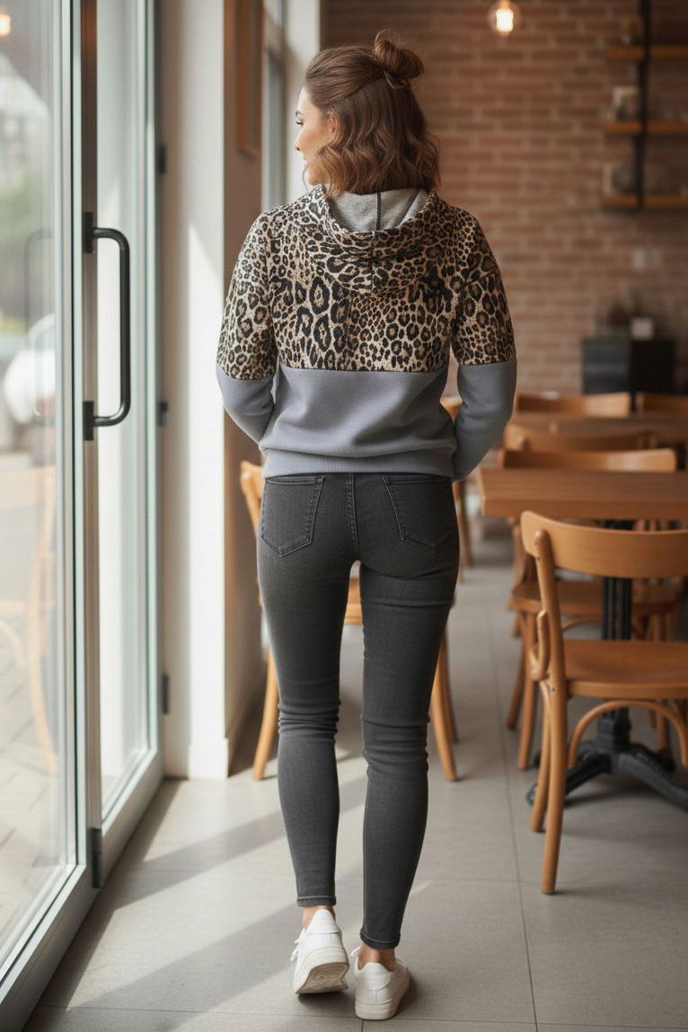 Leopar Desenli Kapüşonlu Sweat - 28276-GRI - 3