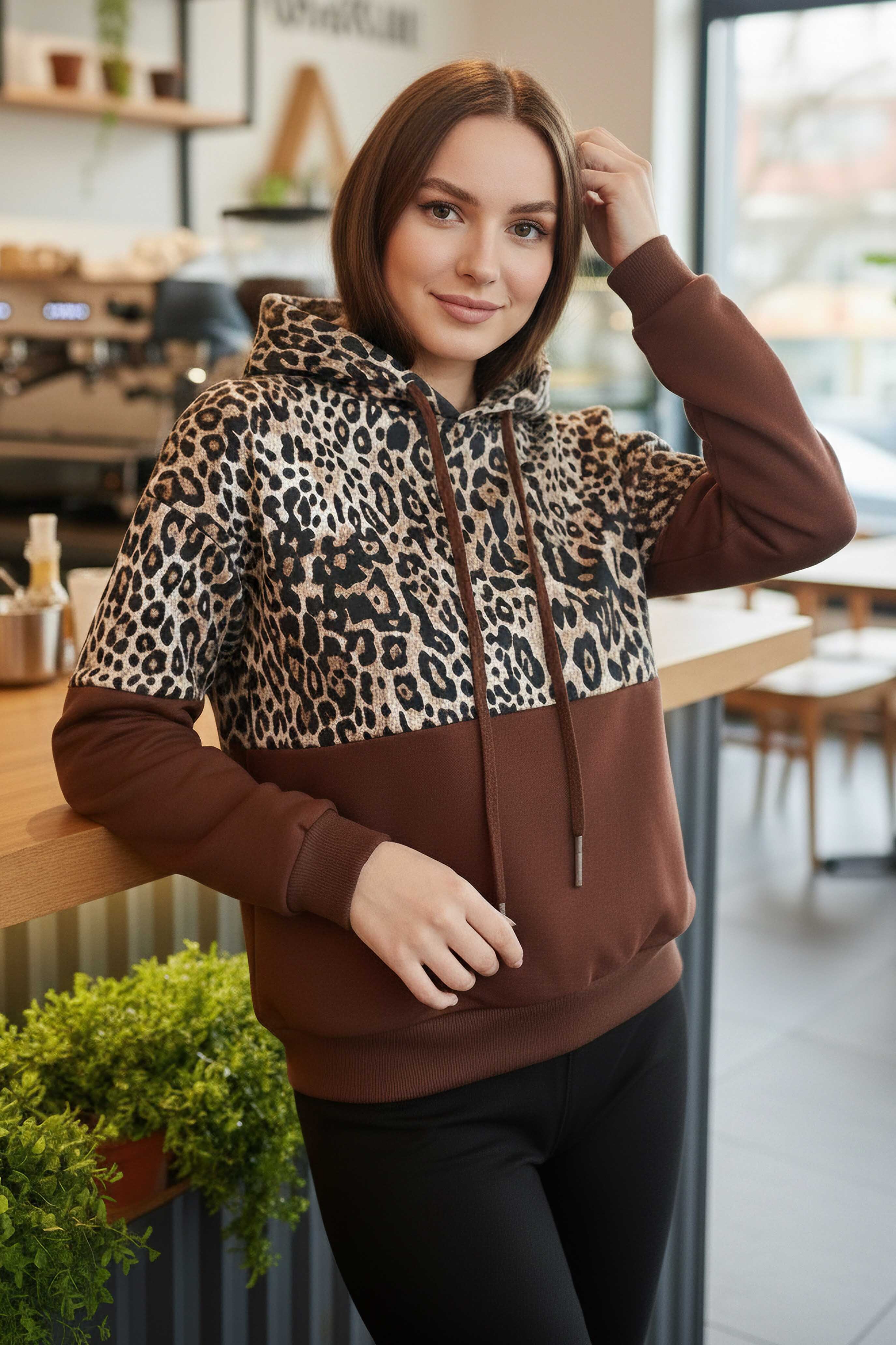 Leopar Desenli Kapüşonlu Sweat - 28276-KAHVE - 1