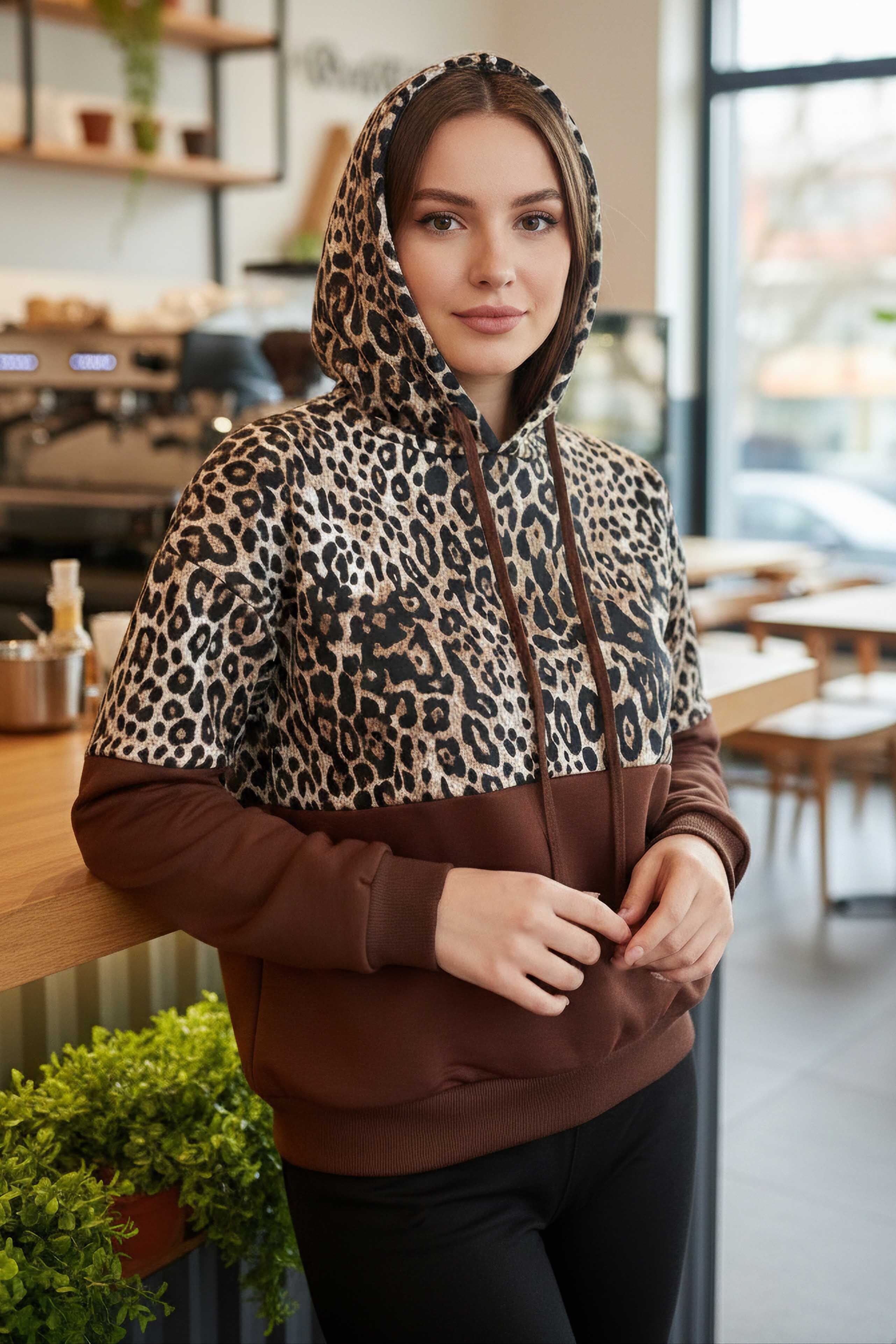 Leopar Desenli Kapüşonlu Sweat - 28276-KAHVE - 2