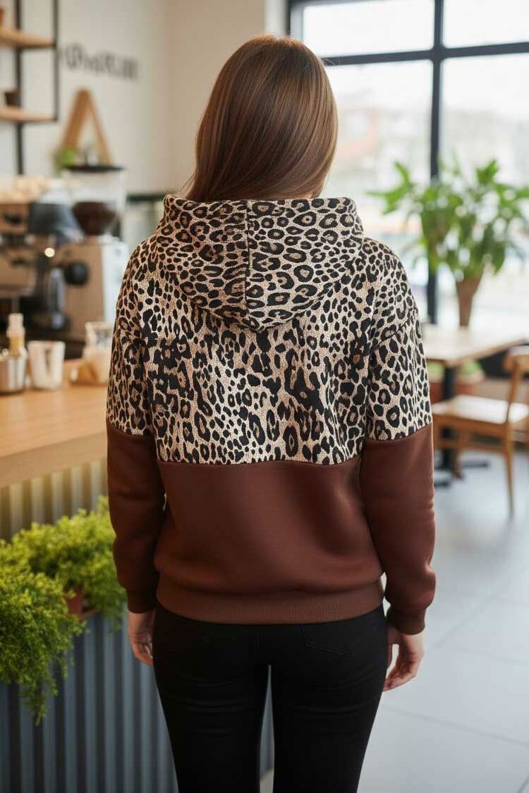Leopar Desenli Kapüşonlu Sweat - 28276-KAHVE - 3
