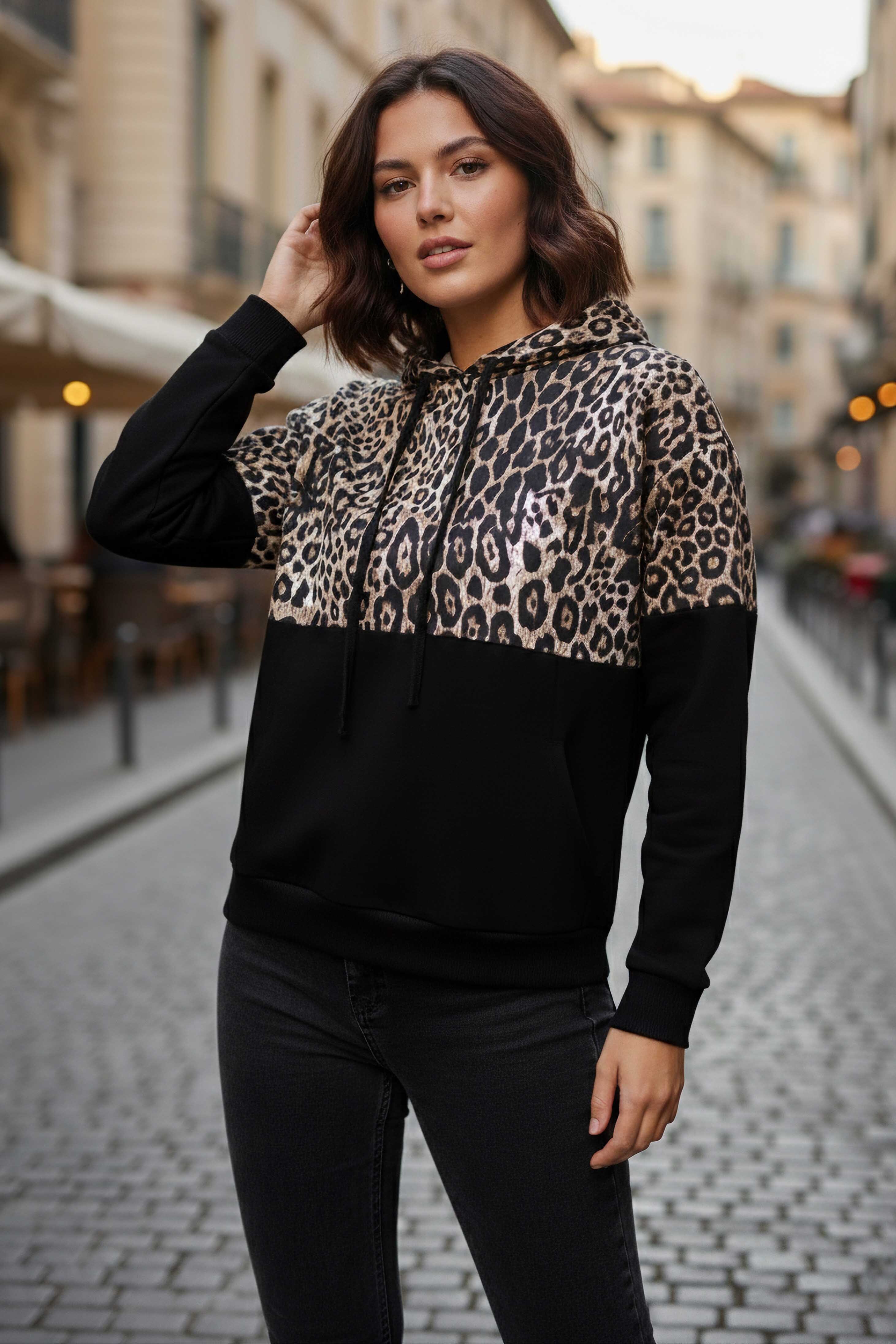 Leopar Desenli Kapüşonlu Sweat - 28276-SIYAH - 1