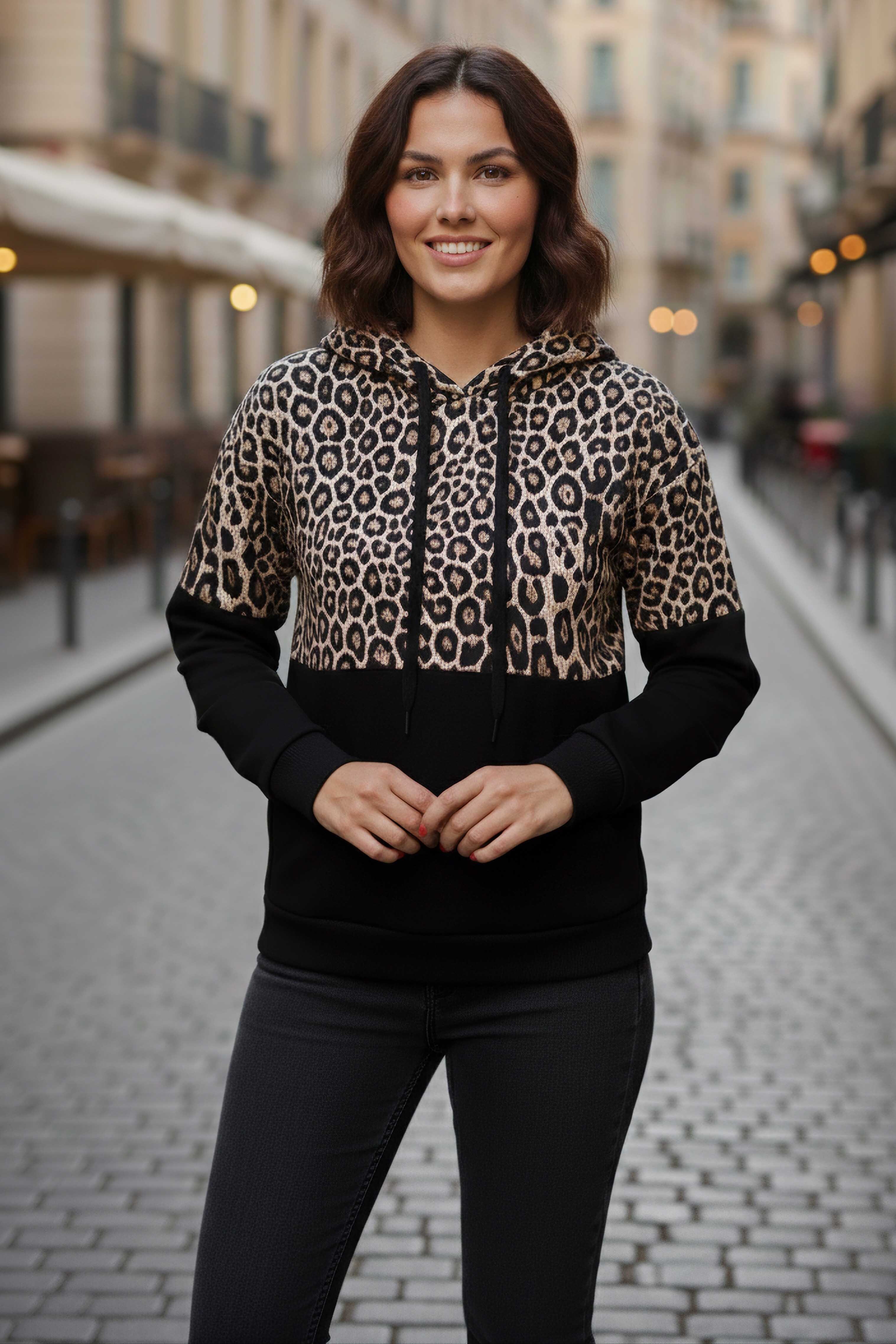 Leopar Desenli Kapüşonlu Sweat - 28276-SIYAH - 2