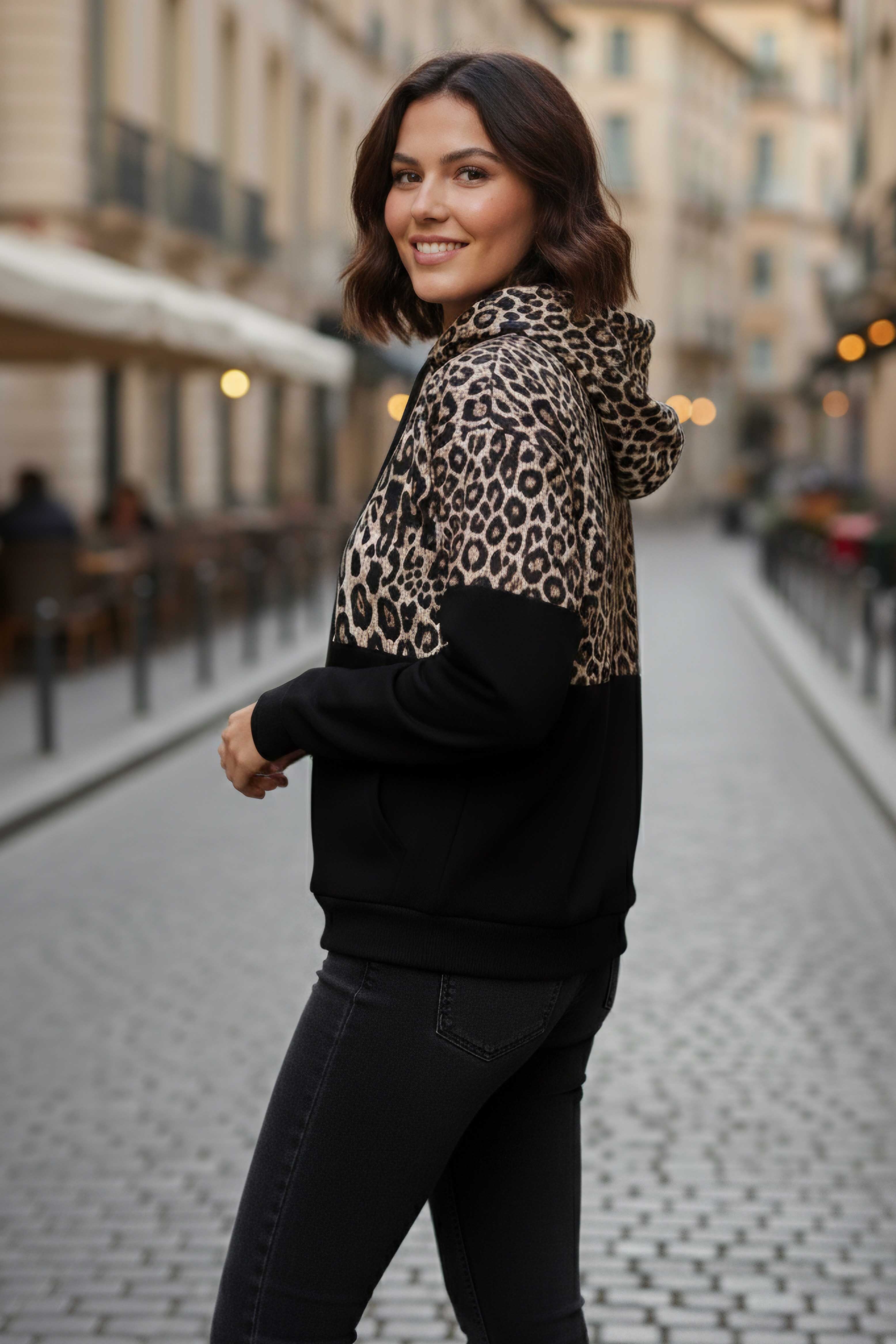 Leopar Desenli Kapüşonlu Sweat - 28276-SIYAH - 3