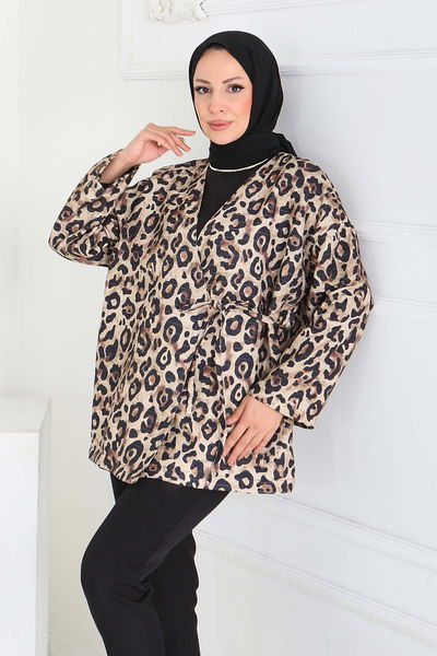 Leopar Desenli Önden Bağlamlalı Ceket - 27898-BEJ 