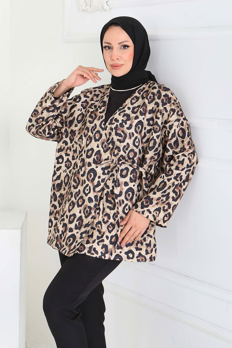 Leopar Desenli Önden Bağlamlalı Ceket - 27898-BEJ - TOFİSA