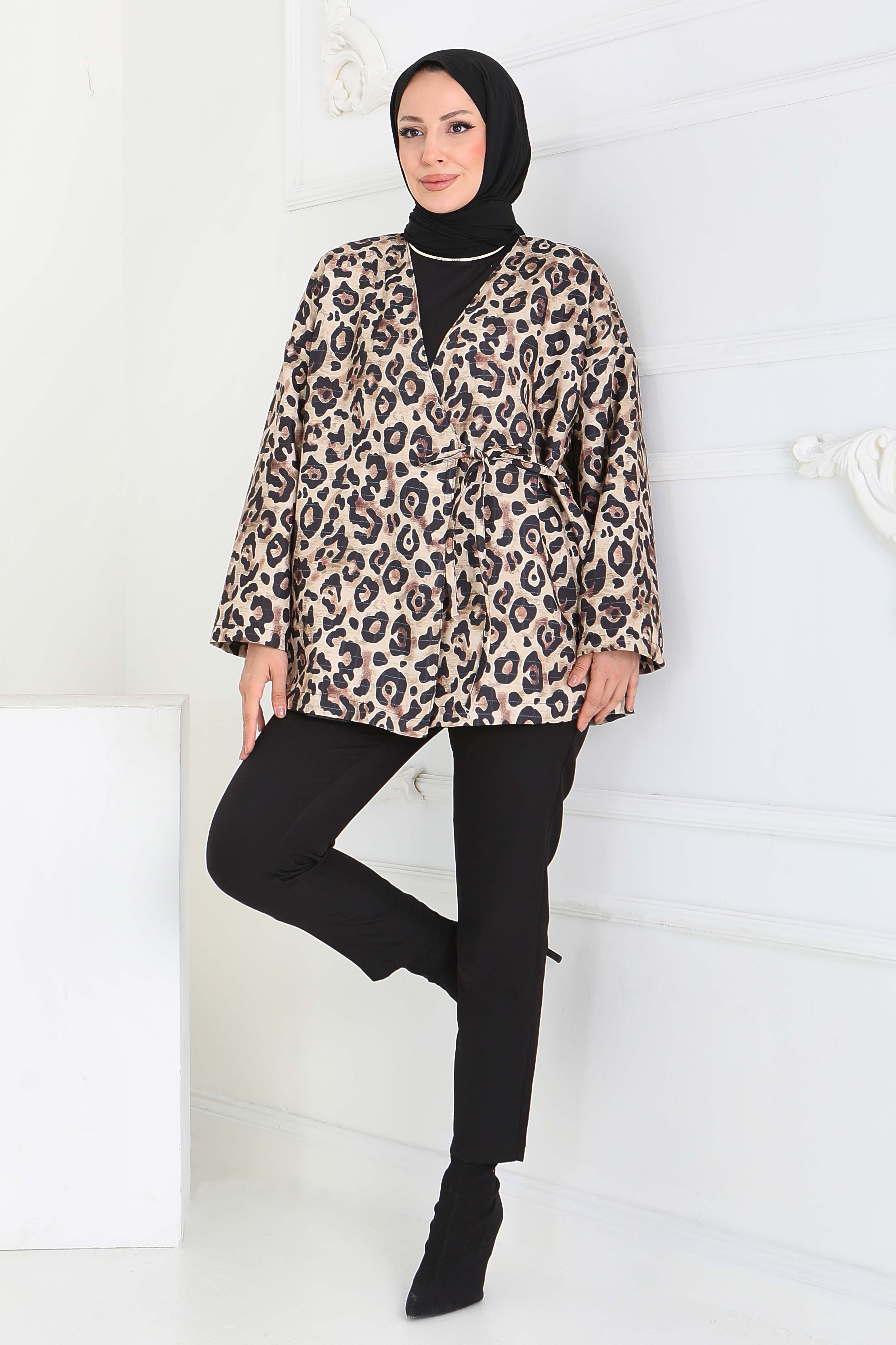 Leopar Desenli Önden Bağlamlalı Ceket - 27898-BEJ - 2