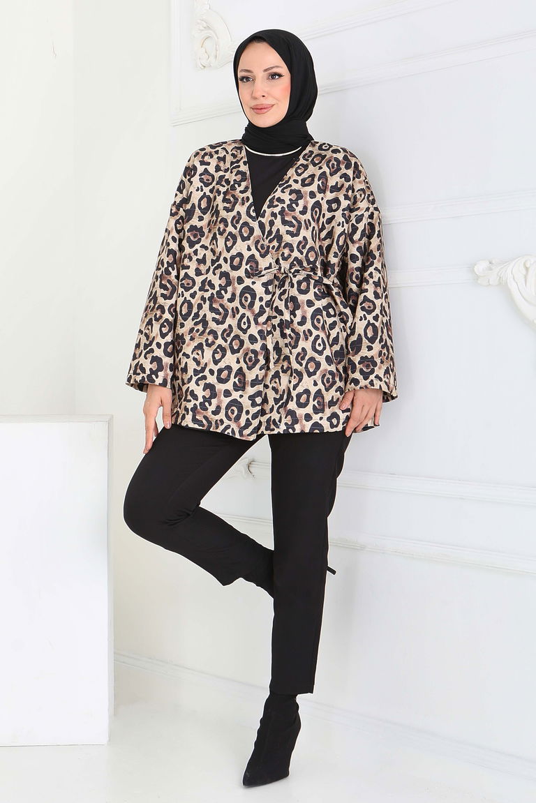 Leopar Desenli Önden Bağlamlalı Ceket - 27898-BEJ - TOFİSA