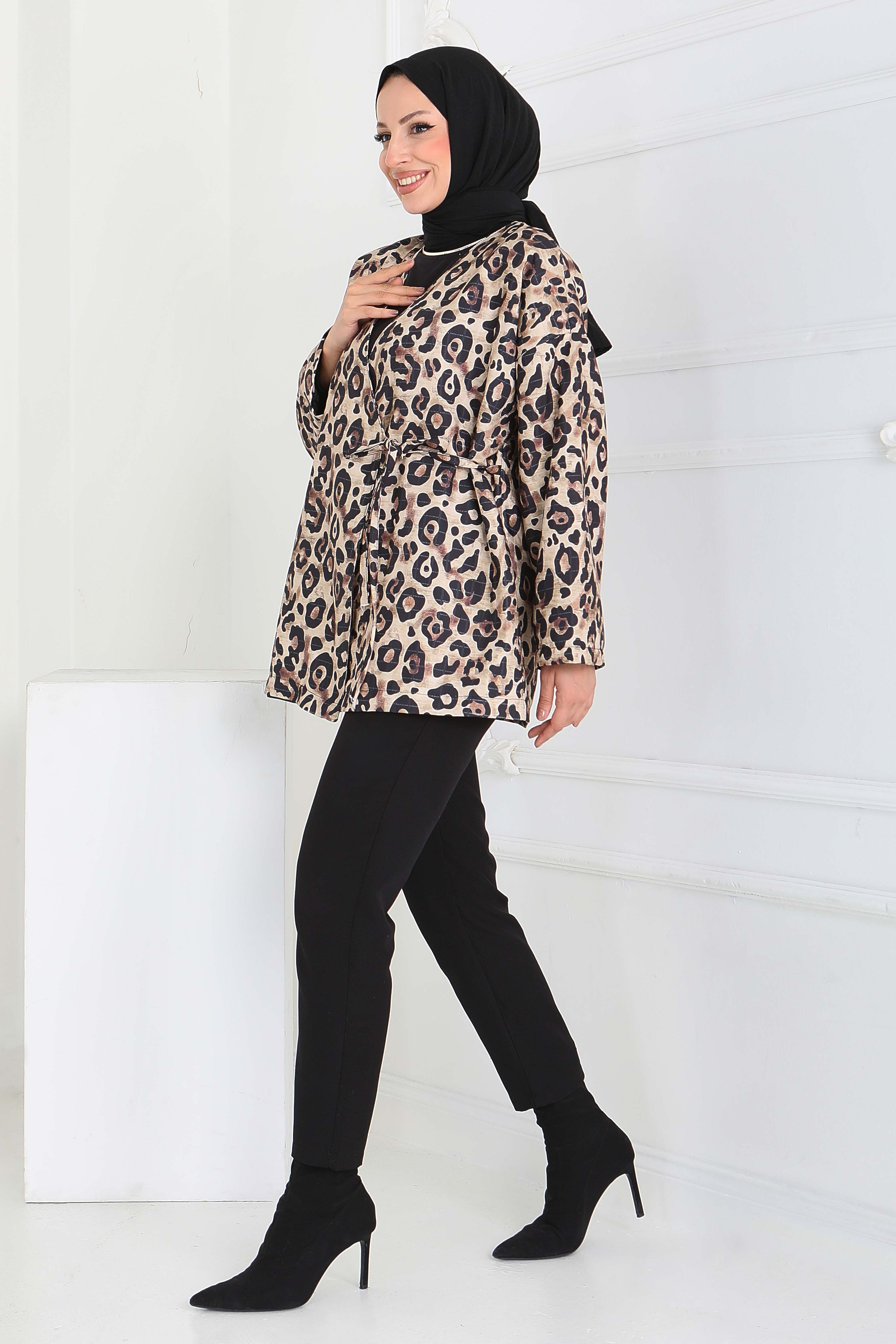 Leopar Desenli Önden Bağlamlalı Ceket - 27898-BEJ - 3