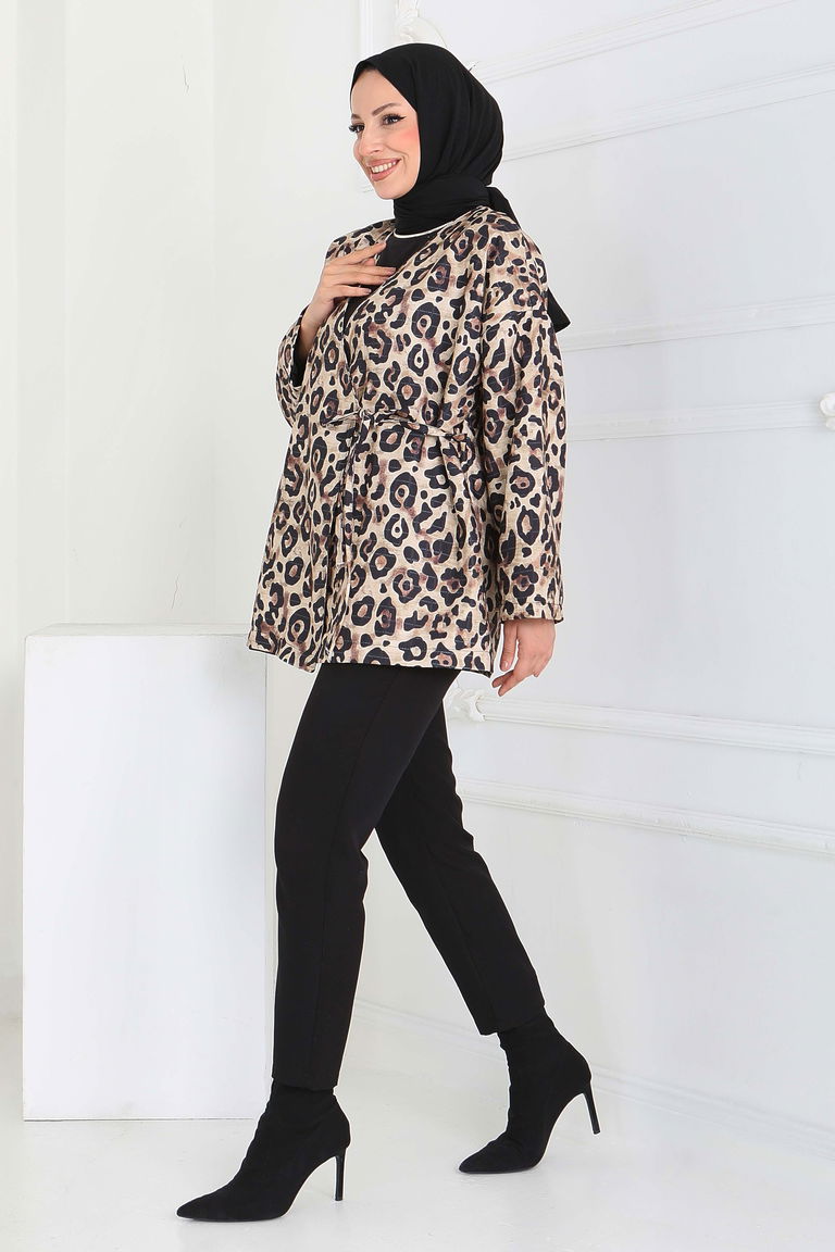 Leopar Desenli Önden Bağlamlalı Ceket - 27898-BEJ - TOFİSA