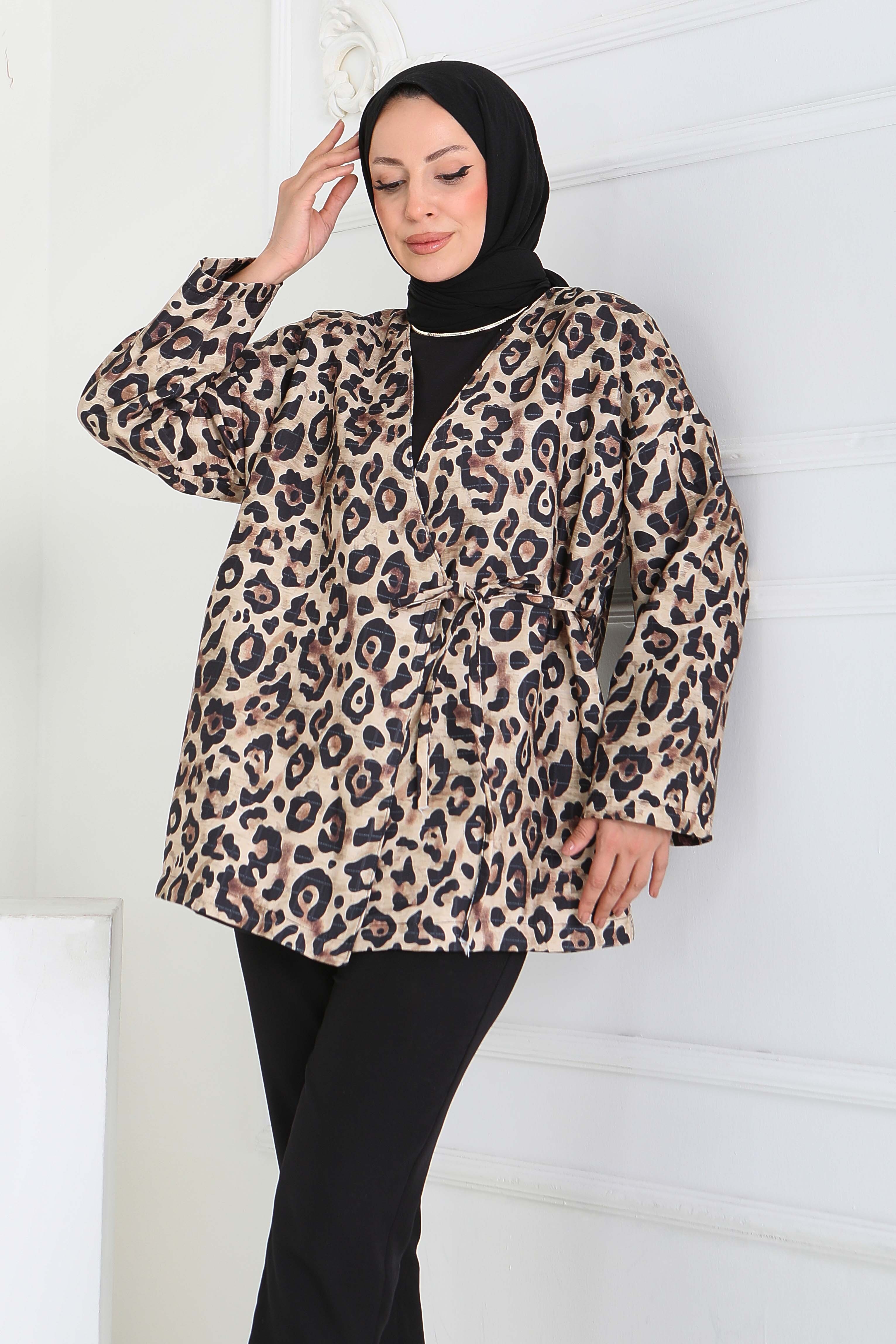 Leopar Desenli Önden Bağlamlalı Ceket - 27898-BEJ - 4