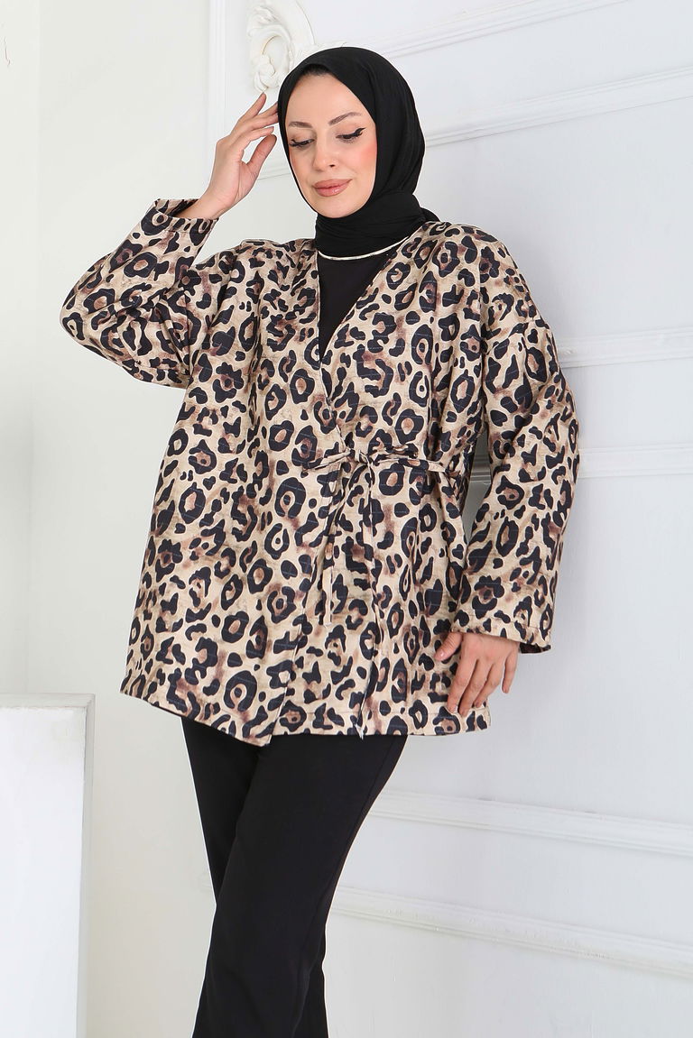 Leopar Desenli Önden Bağlamlalı Ceket - 27898-BEJ - TOFİSA