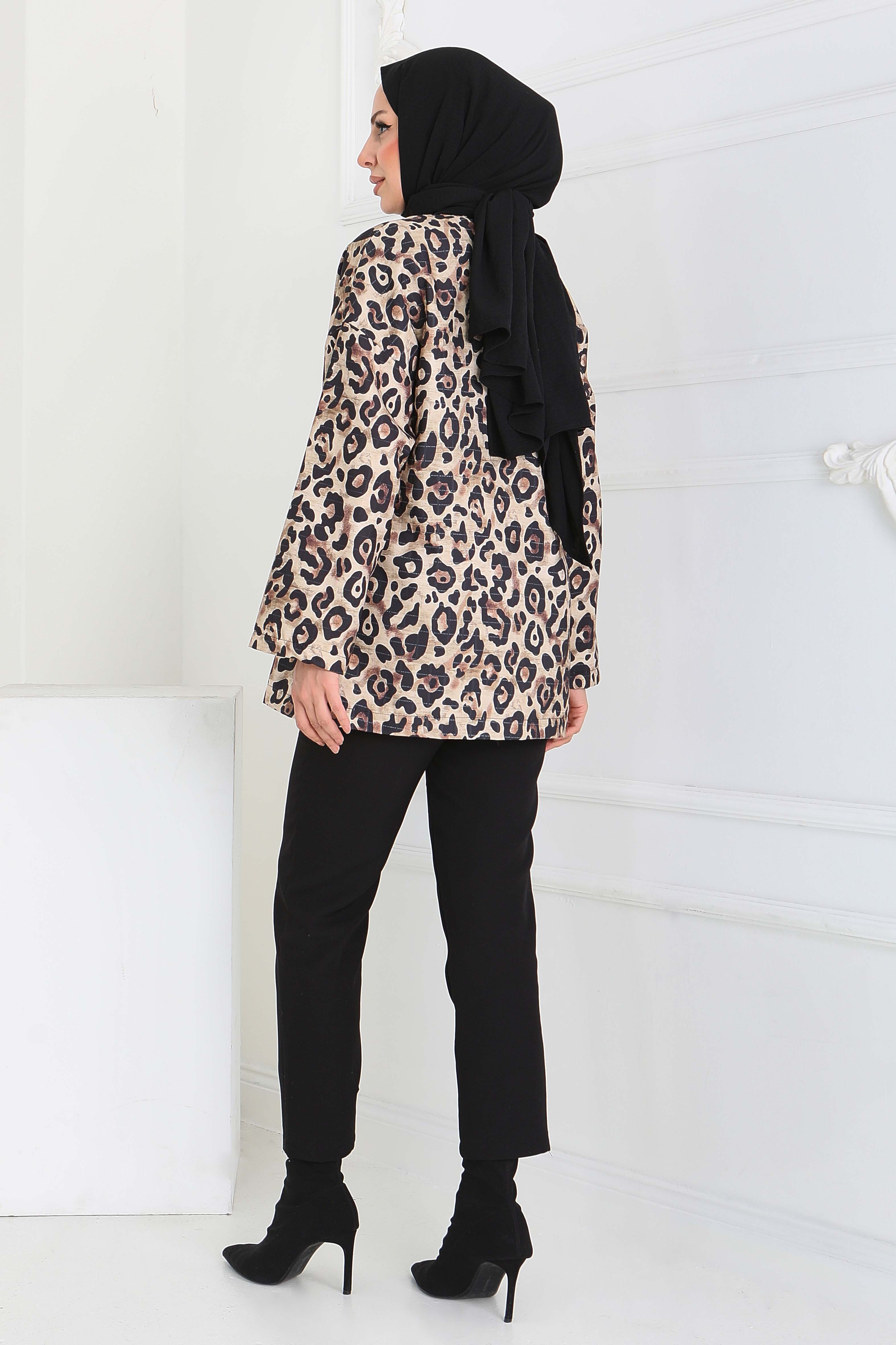 Leopar Desenli Önden Bağlamlalı Ceket - 27898-BEJ - 5