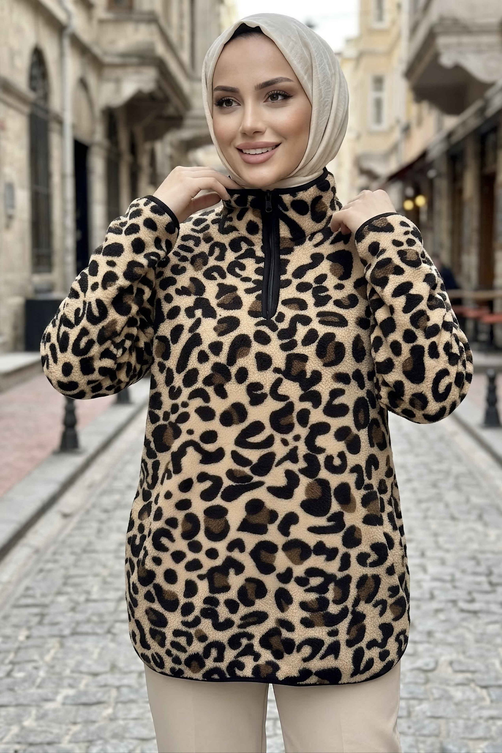 Leopar Desenli Peluş Biyeli Sweat Leopar - 40004-LEOPAR - 2