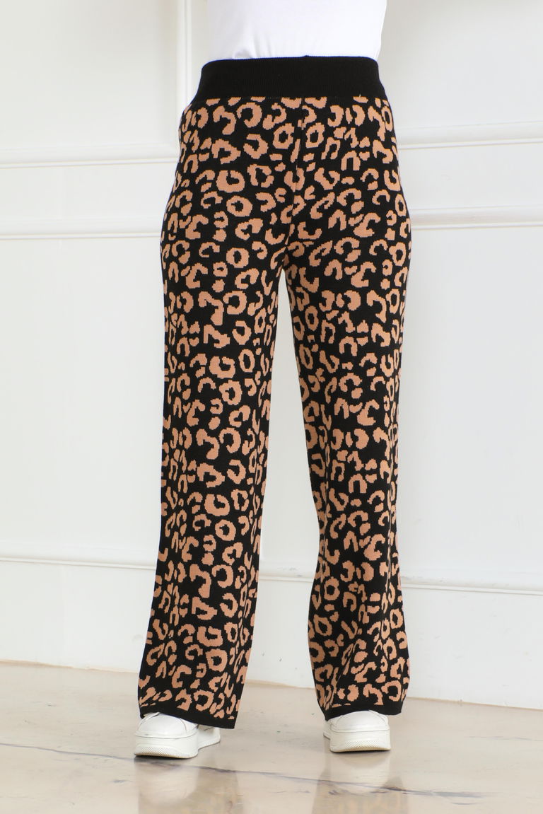 Leopar Desenli Triko Pantolon - 27750-SIYAH - TOFİSA