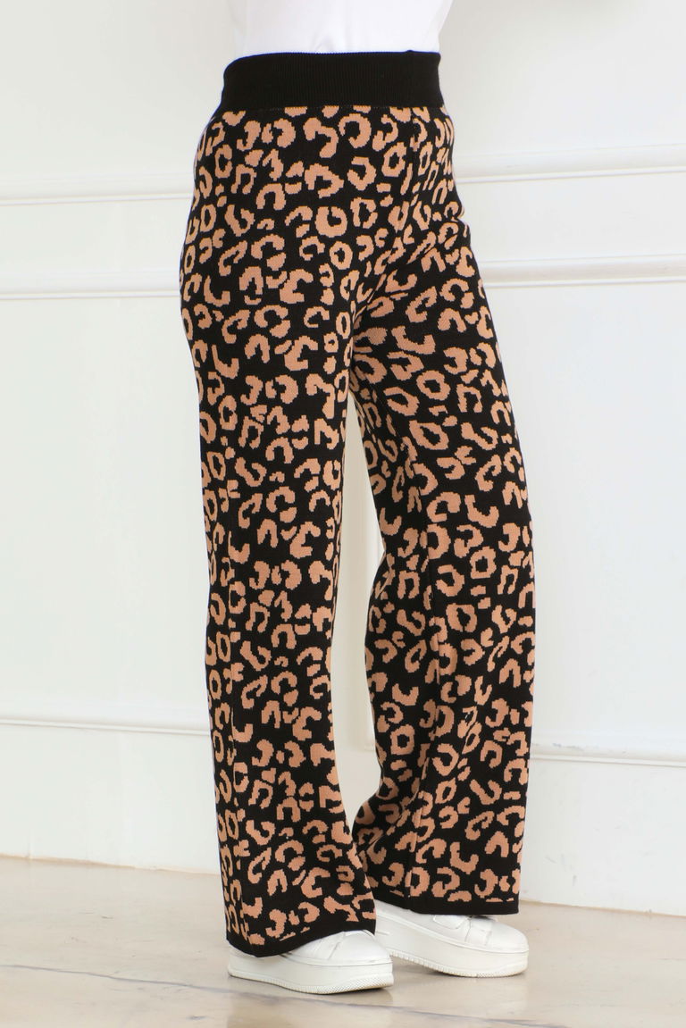 Leopar Desenli Triko Pantolon - 27750-SIYAH - TOFİSA
