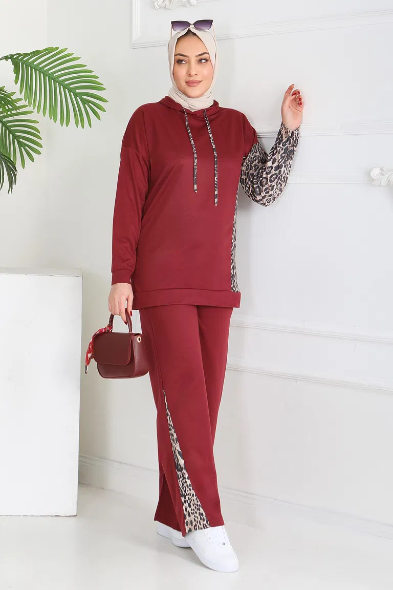 Leopar Detaylı İki İplik İkili Takım - 2060-BORDO - TOFİSA