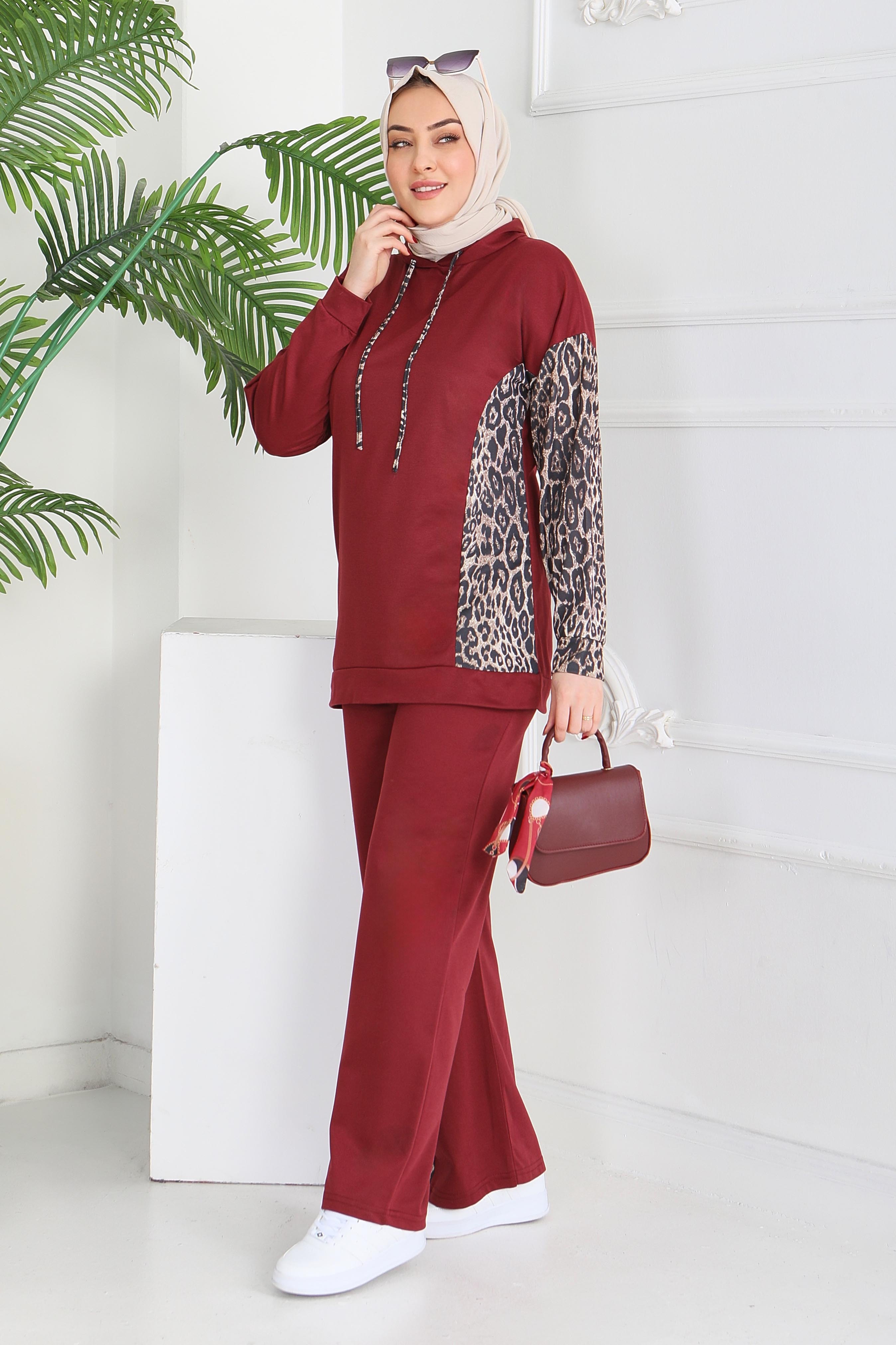 Leopar Detaylı İki İplik İkili Takım - 2060-BORDO - 3