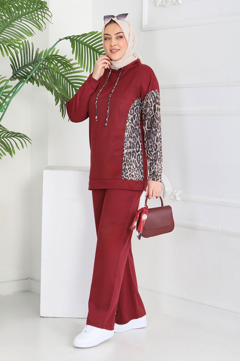 Leopar Detaylı İki İplik İkili Takım - 2060-BORDO - TOFİSA