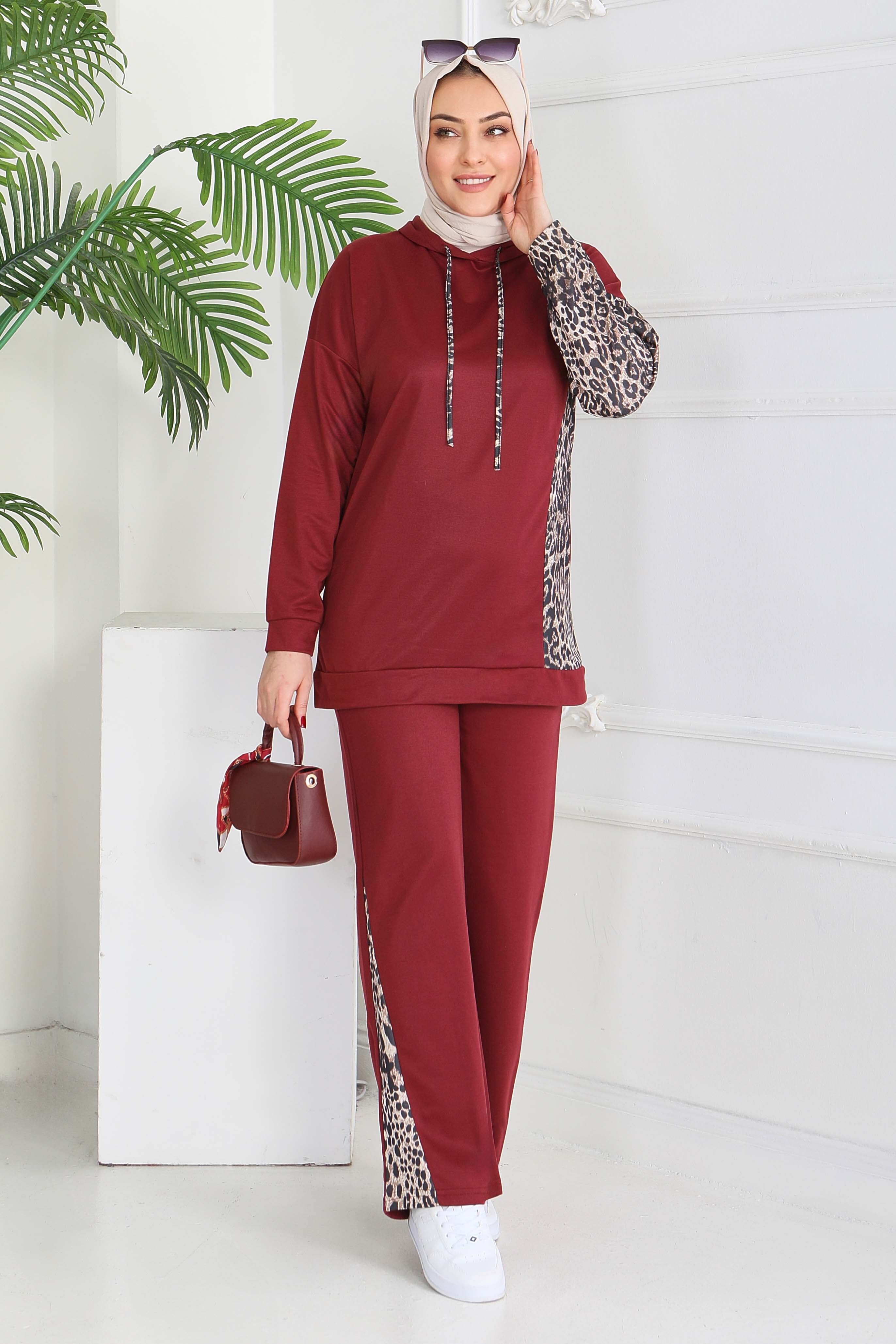 Leopar Detaylı İki İplik İkili Takım - 2060-BORDO - 4