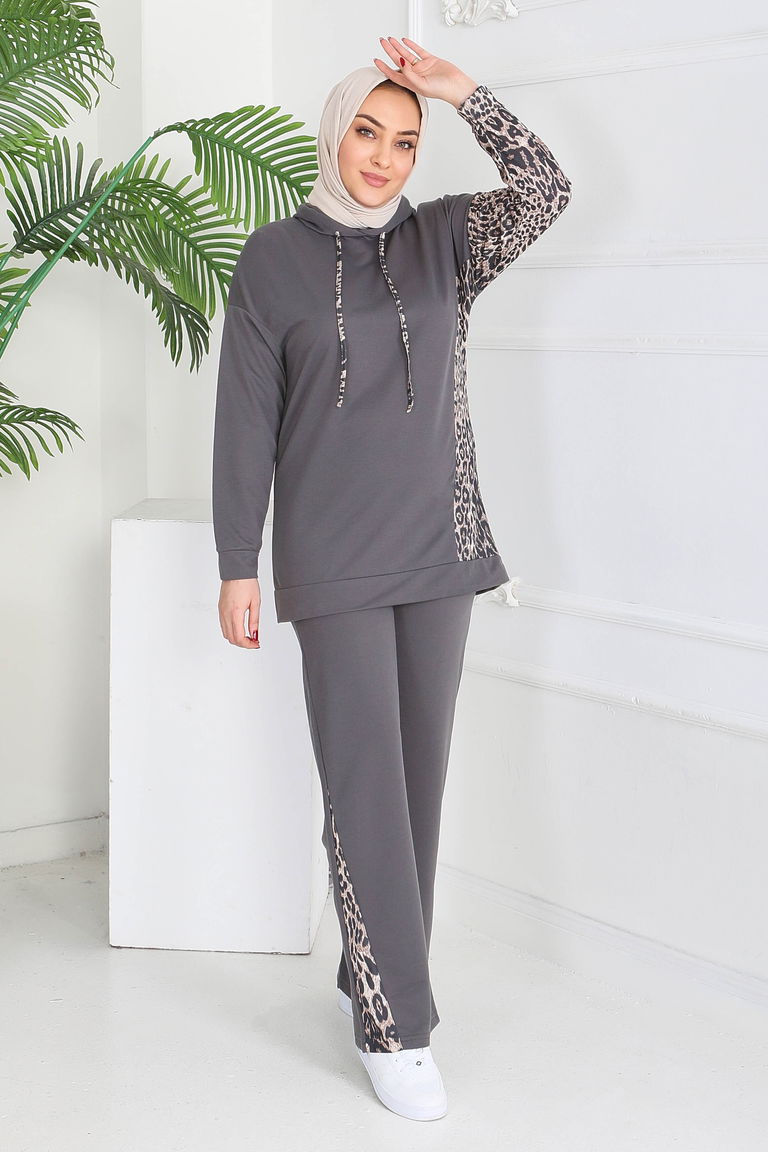 Leopar Detaylı İki İplik İkili Takım - 2060-FUME - TOFİSA