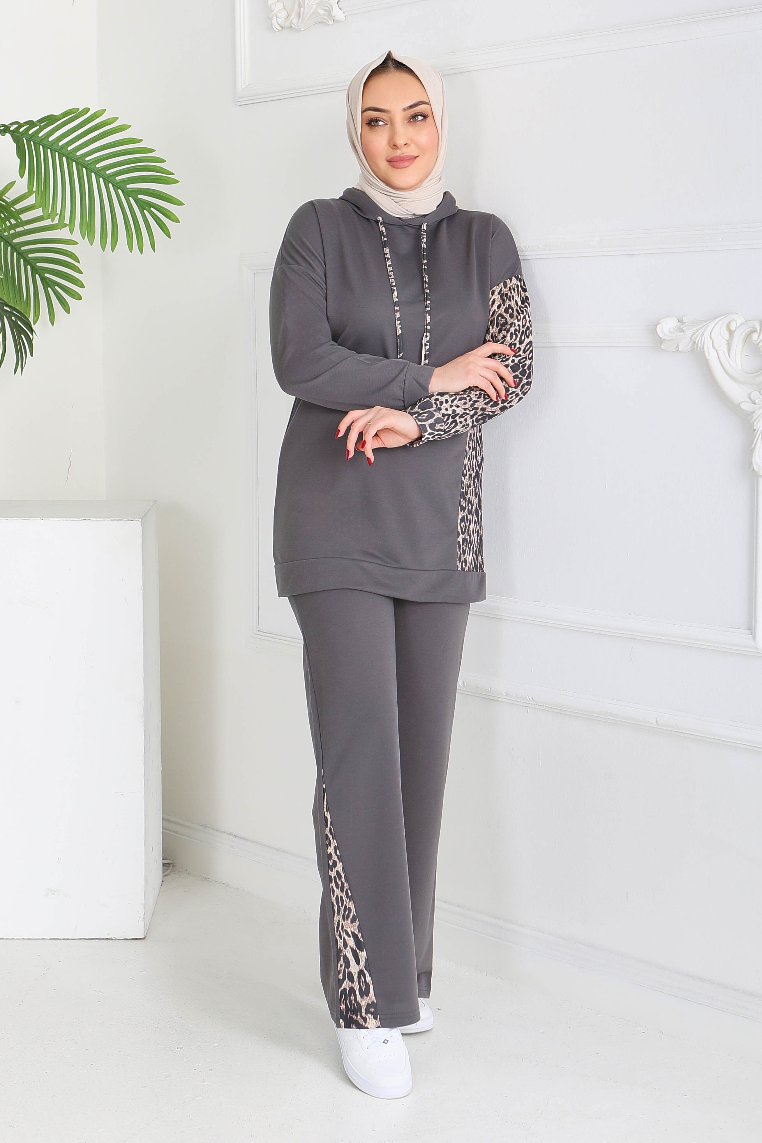 Leopar Detaylı İki İplik İkili Takım - 2060-FUME - 2