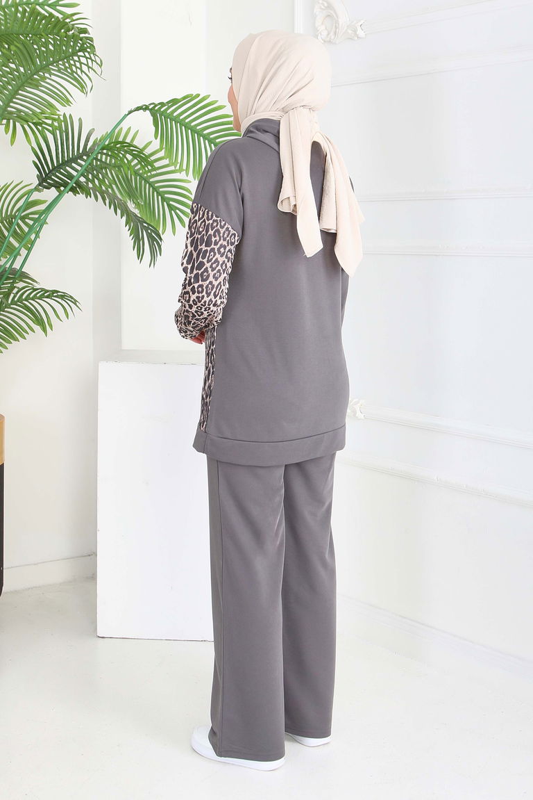 Leopar Detaylı İki İplik İkili Takım - 2060-FUME - TOFİSA