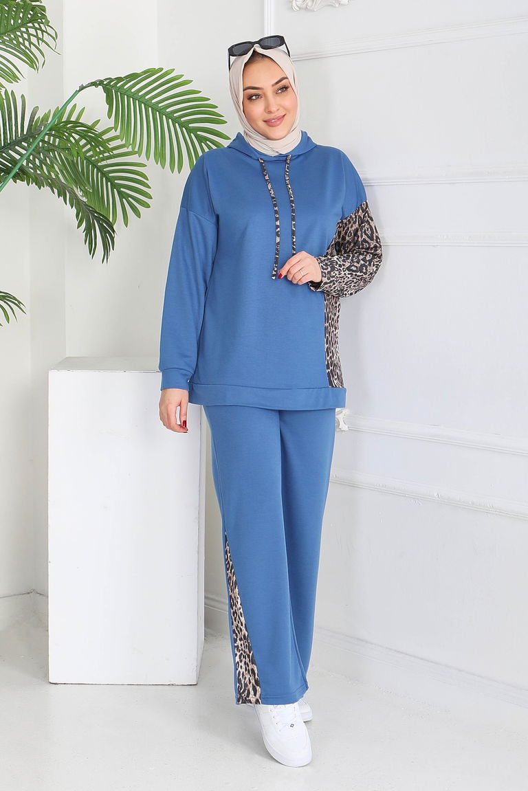 Leopar Detaylı İki İplik İkili Takım - 2060-INDIGO - TOFİSA