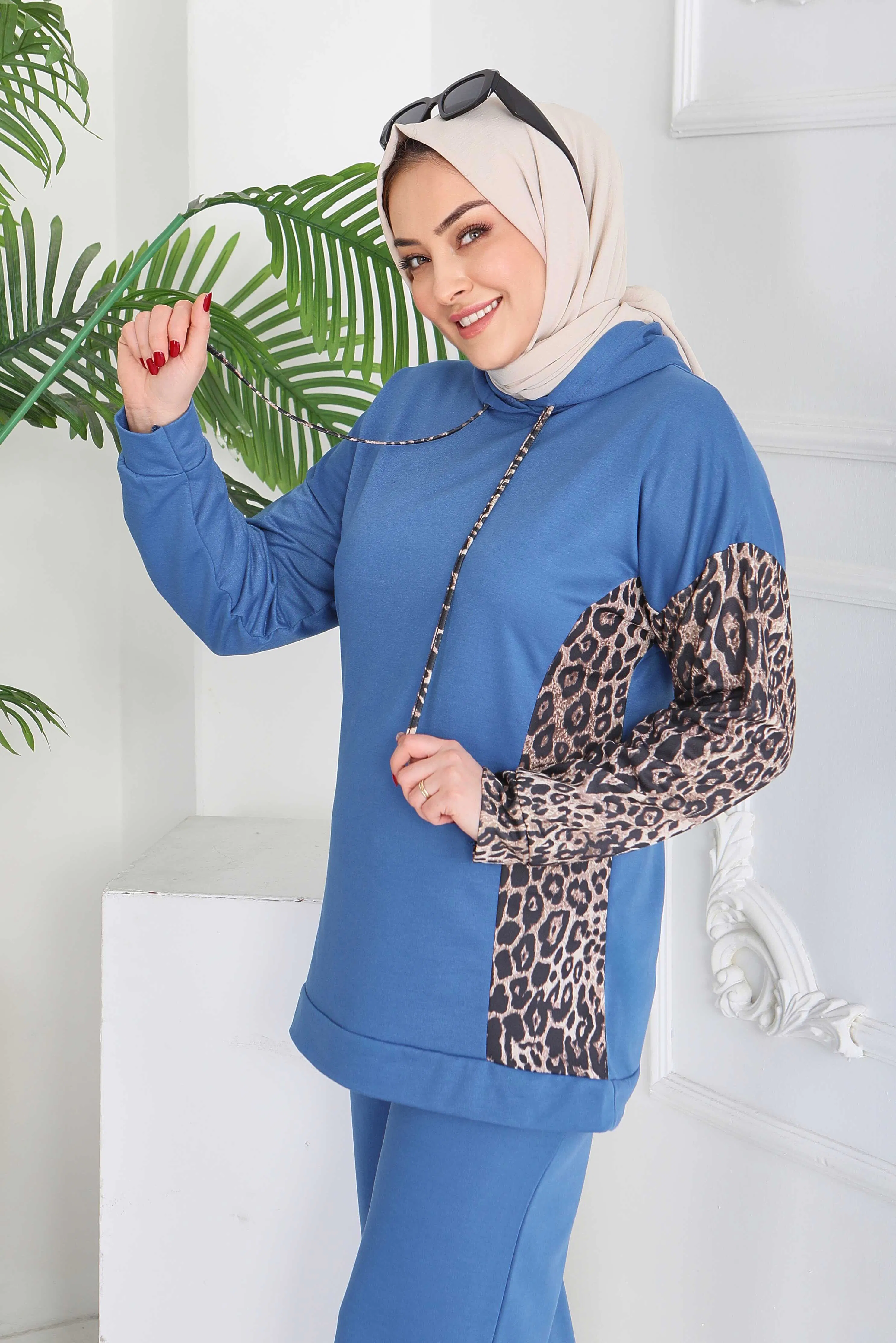 Leopar Detaylı İki İplik İkili Takım - 2060-INDIGO - 2