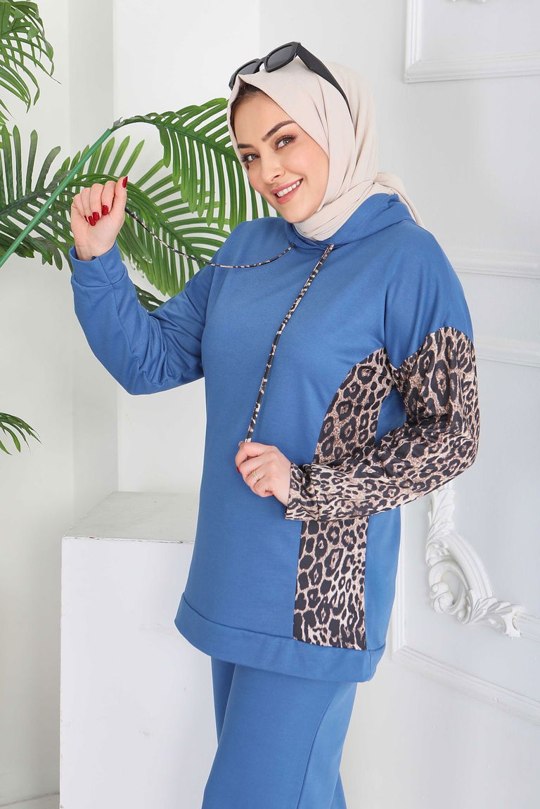 Leopar Detaylı İki İplik İkili Takım - 2060-INDIGO - TOFİSA