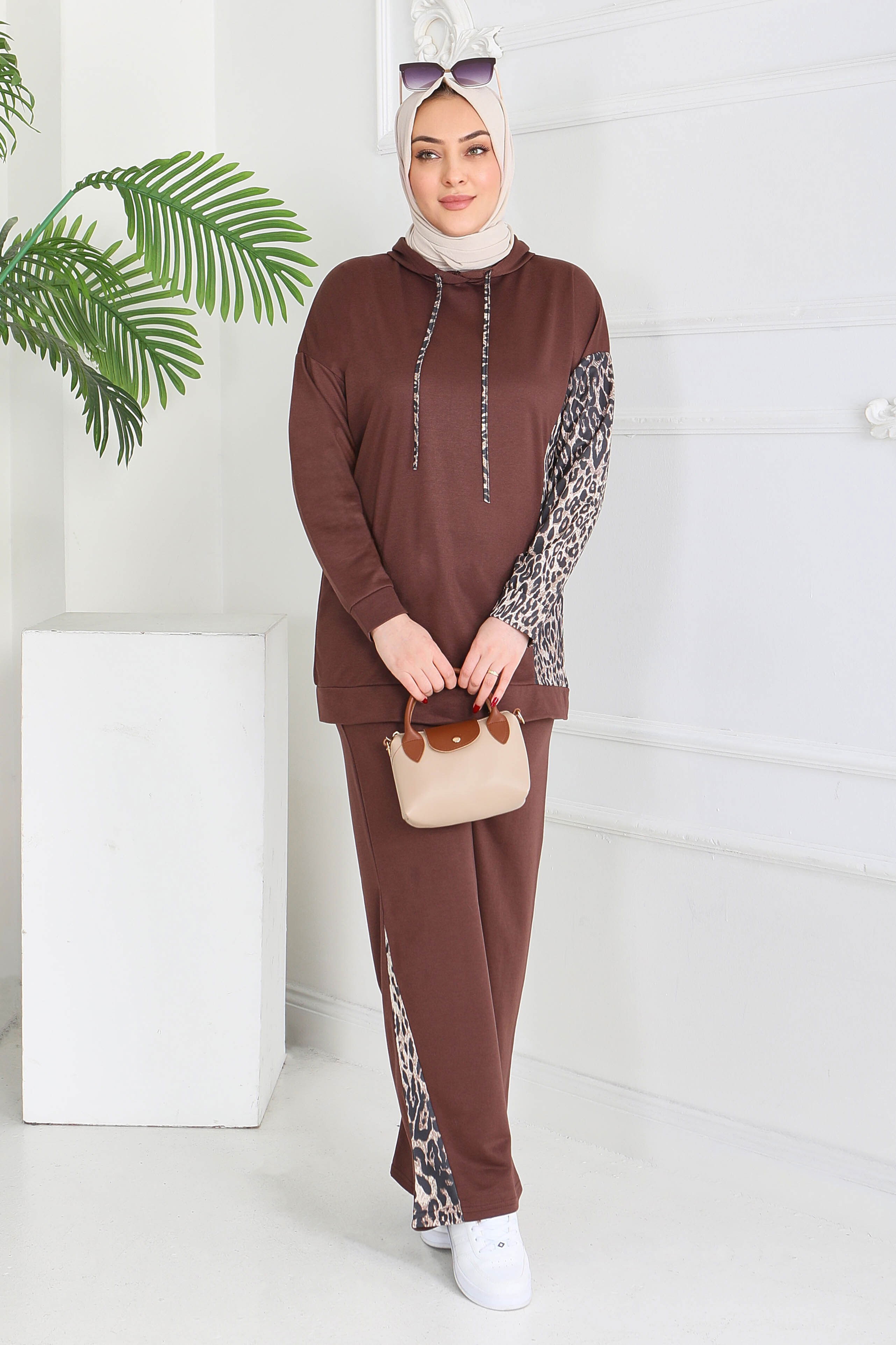 Leopar Detaylı İki İplik İkili Takım - 2060-KAHVE - 1
