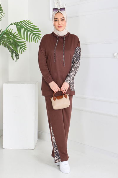 Leopar Detaylı İki İplik İkili Takım - 2060-KAHVE 