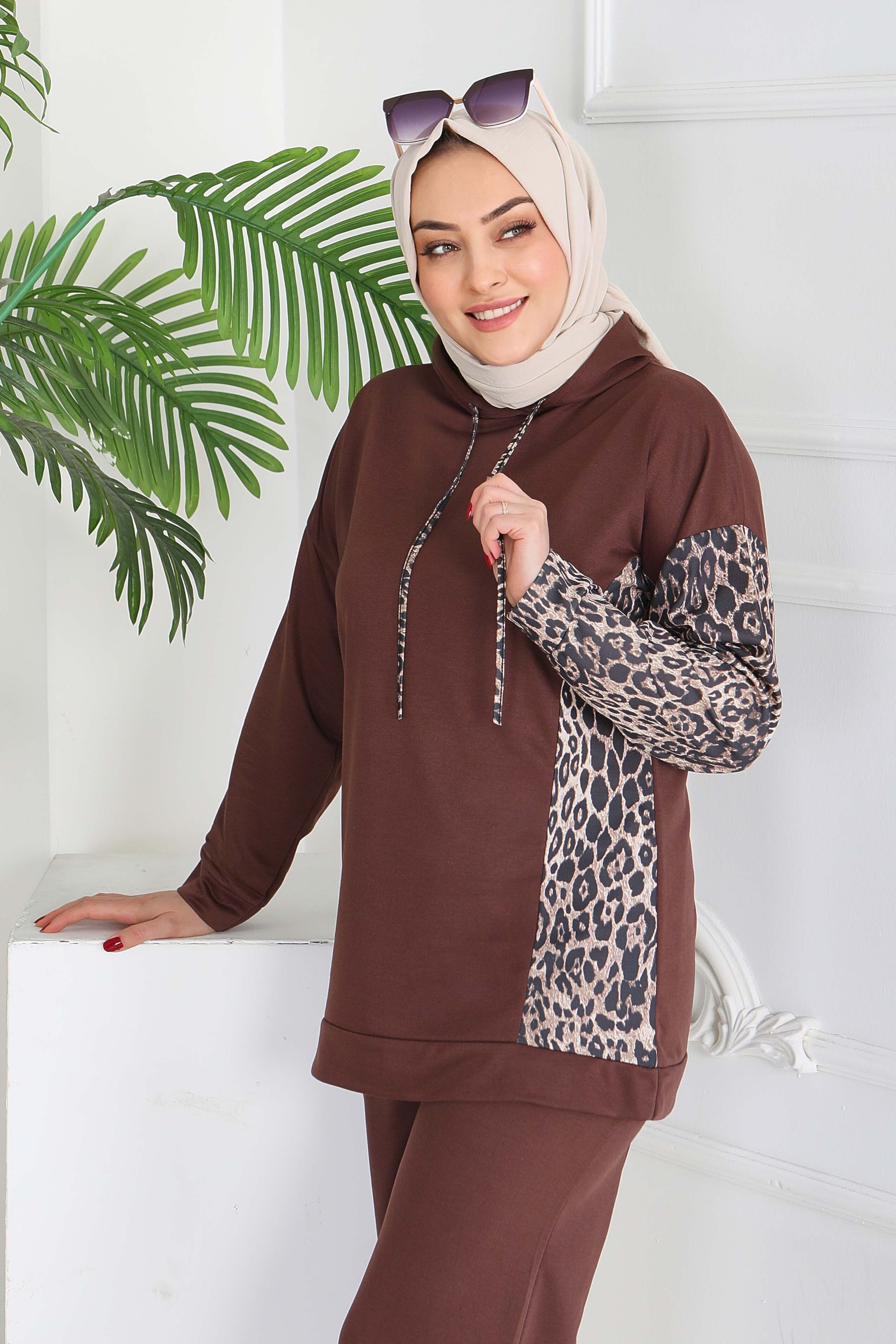 Leopar Detaylı İki İplik İkili Takım - 2060-KAHVE - 2