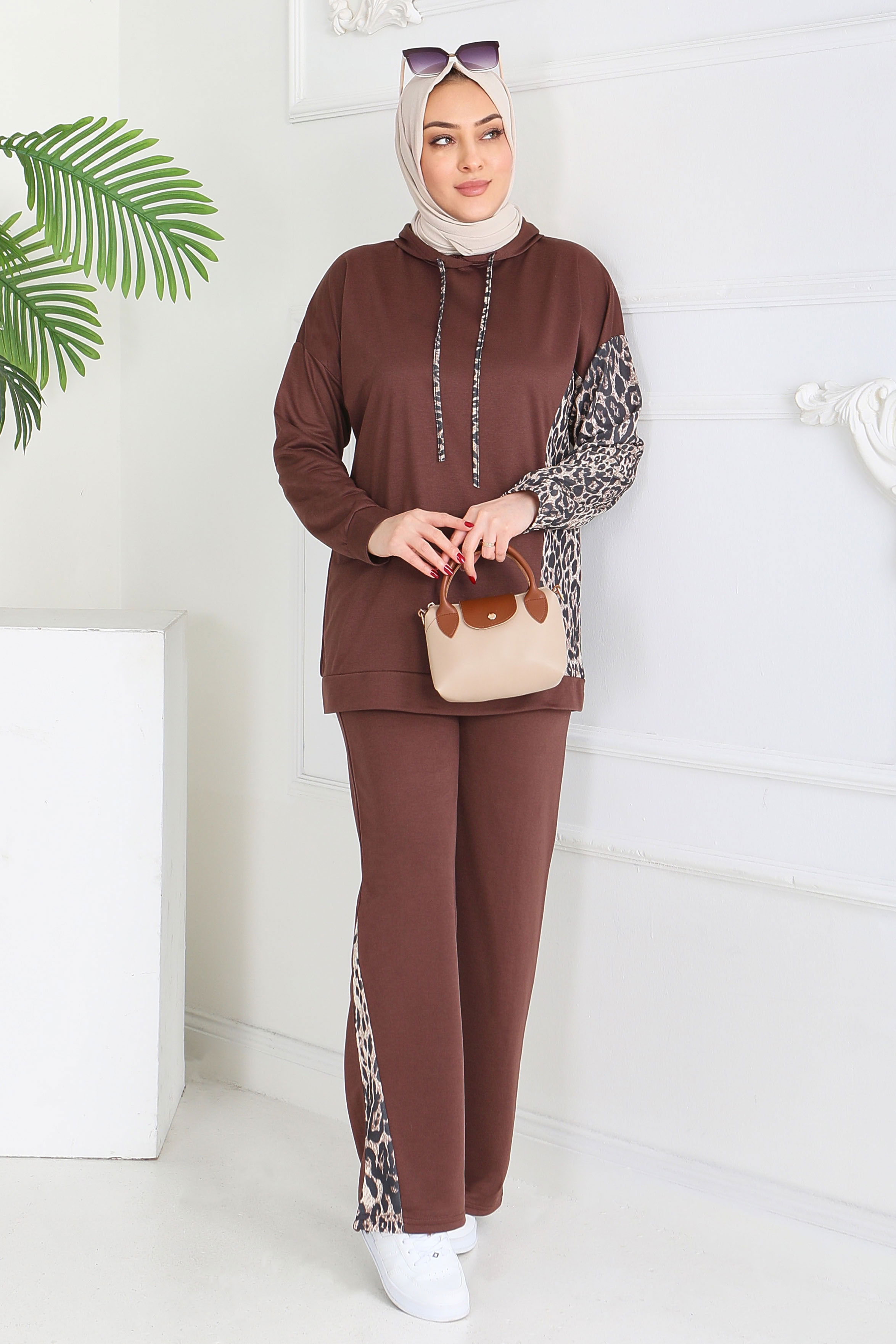 Leopar Detaylı İki İplik İkili Takım - 2060-KAHVE - 4