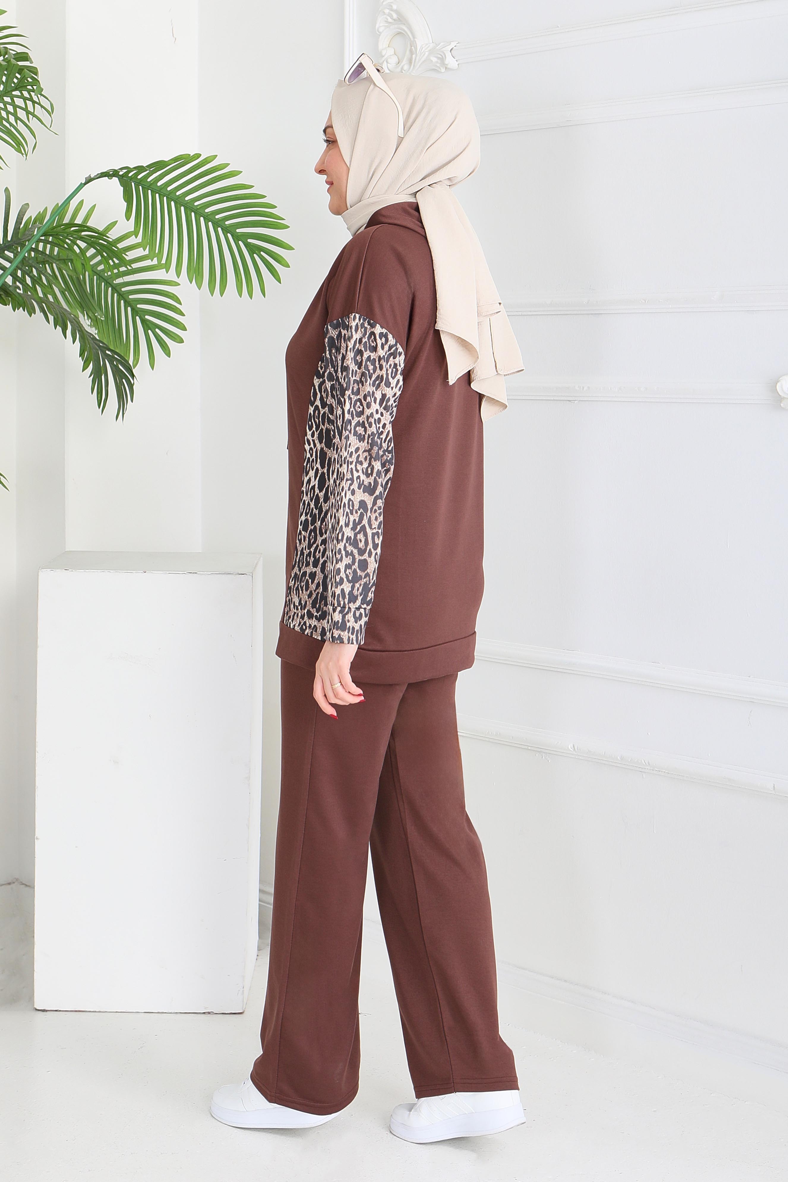 Leopar Detaylı İki İplik İkili Takım - 2060-KAHVE - 5