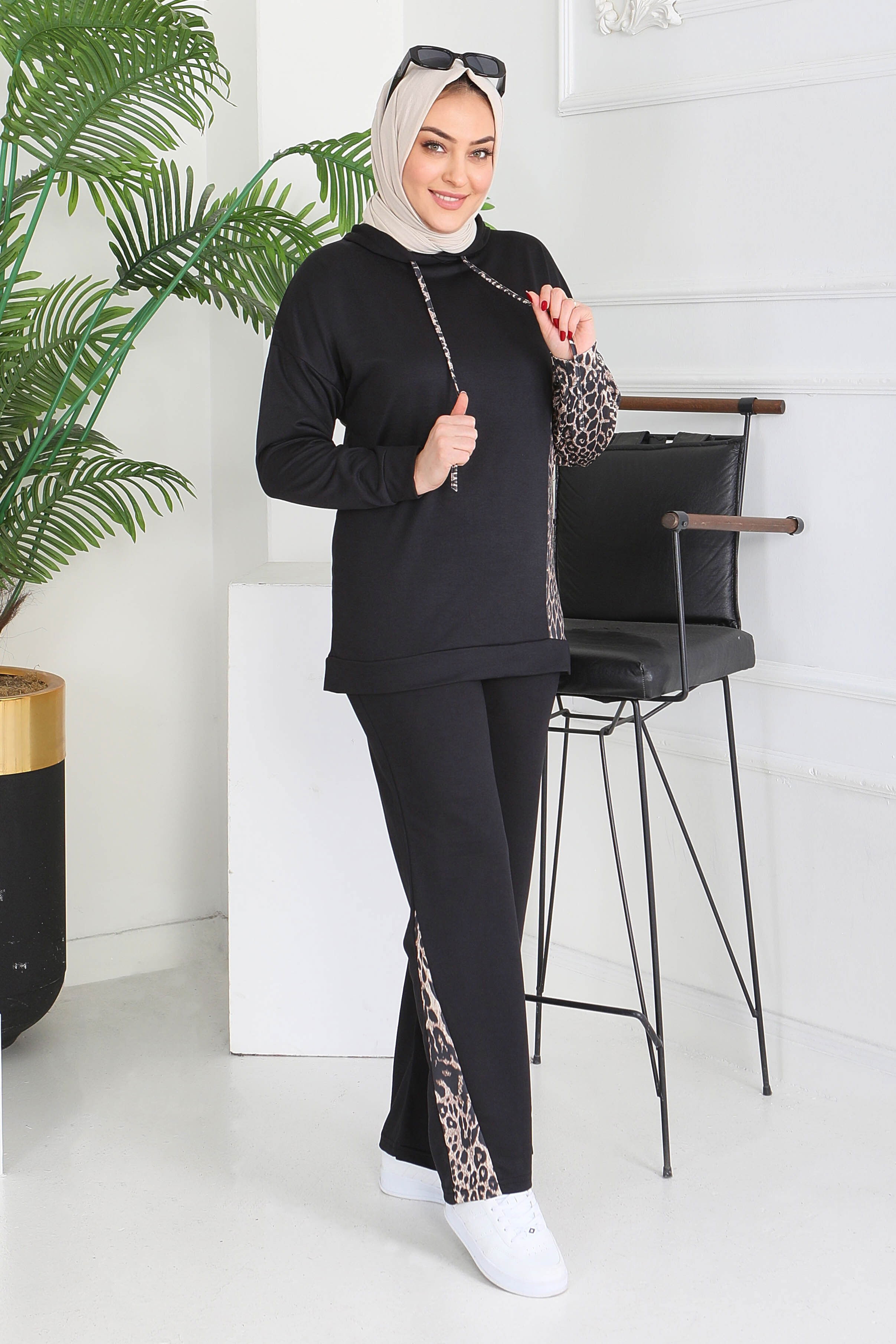 Leopar Detaylı İki İplik İkili Takım - 2060-SIYAH - 2