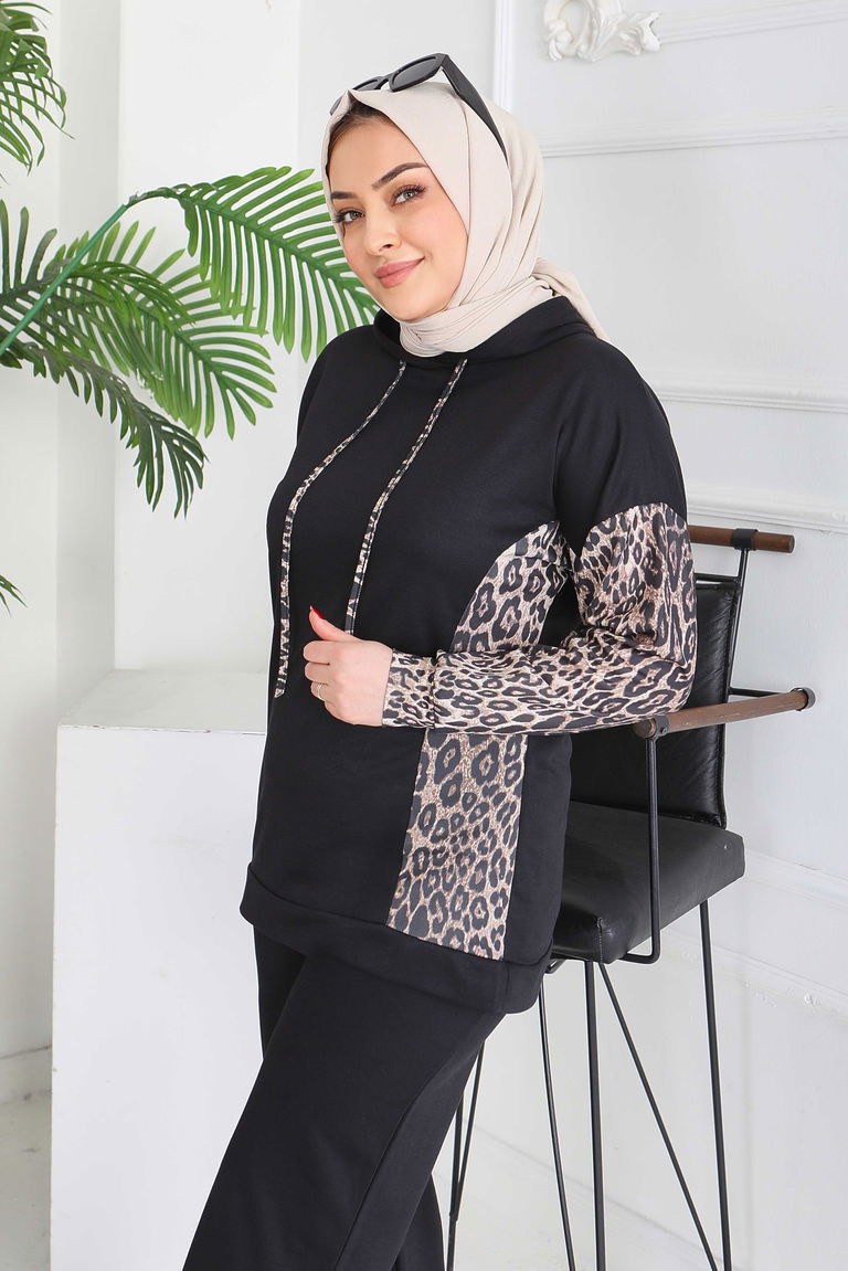 Leopar Detaylı İki İplik İkili Takım - 2060-SIYAH - TOFİSA