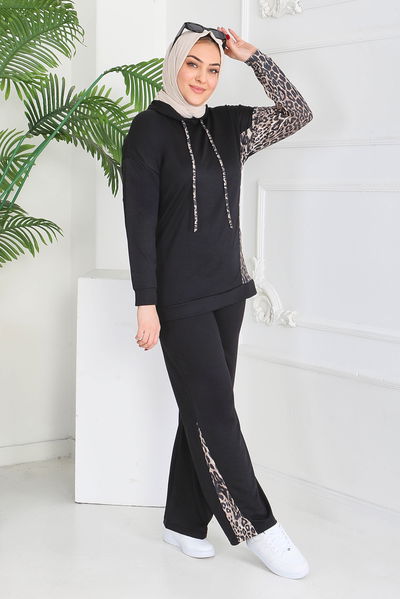 Leopar Detaylı İki İplik İkili Takım - 2060-SIYAH 
