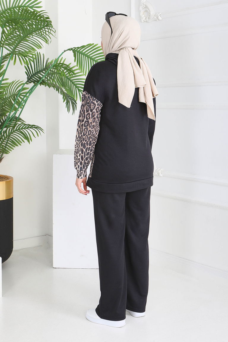 Leopar Detaylı İki İplik İkili Takım - 2060-SIYAH - TOFİSA