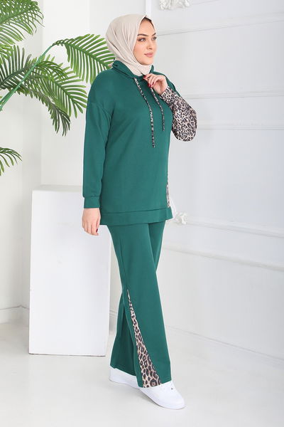 Leopar Detaylı İki İplik İkili Takım - 2060-ZUMRUT 