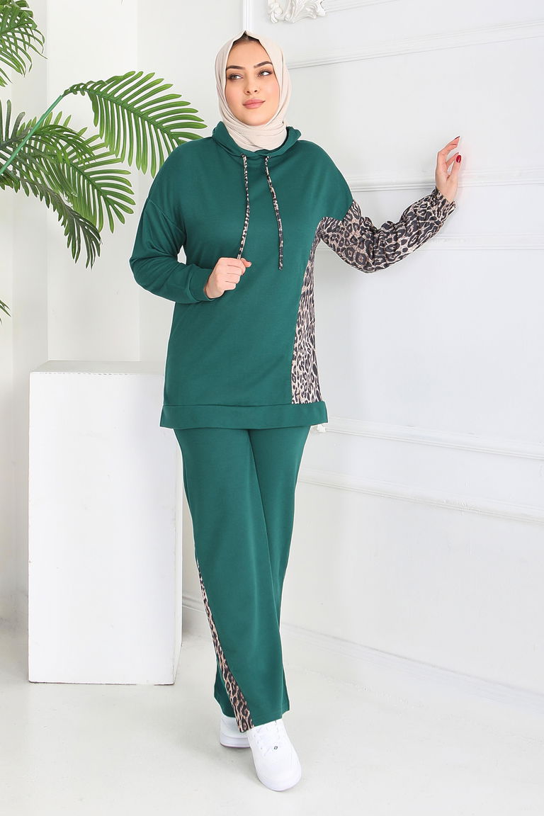 Leopar Detaylı İki İplik İkili Takım - 2060-ZUMRUT - TOFİSA