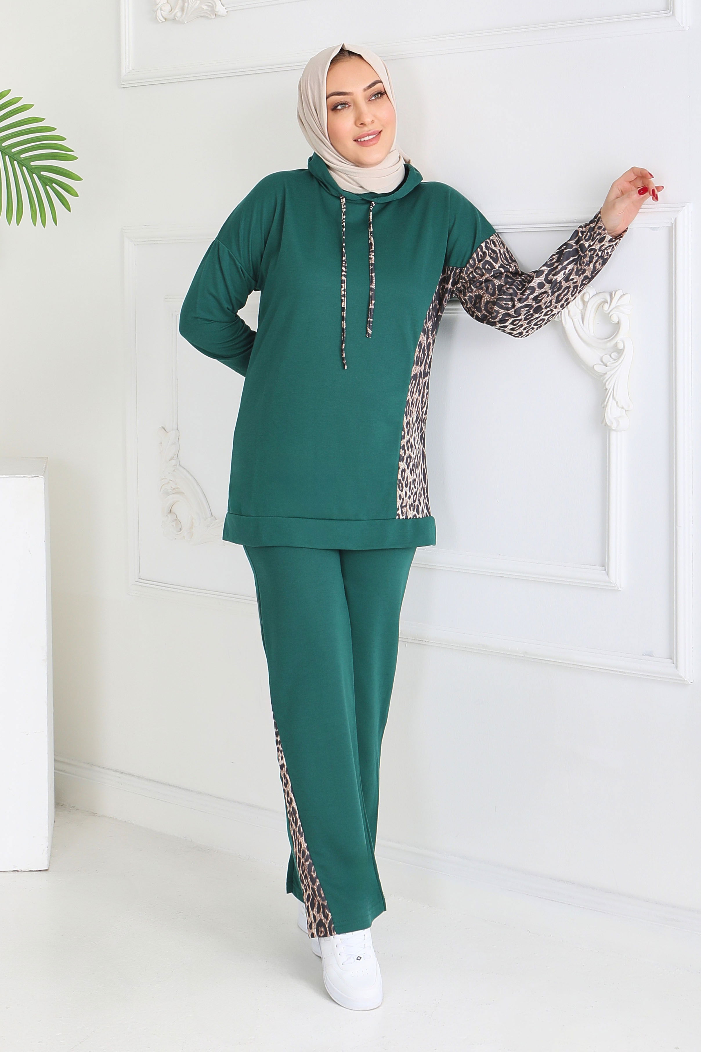 Leopar Detaylı İki İplik İkili Takım - 2060-ZUMRUT - 4