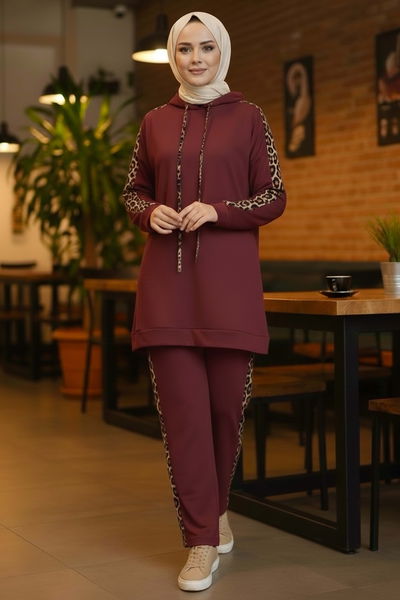 Leopar Şerit Detaylı İki İplik İkili Takım - 2051-BORDO 